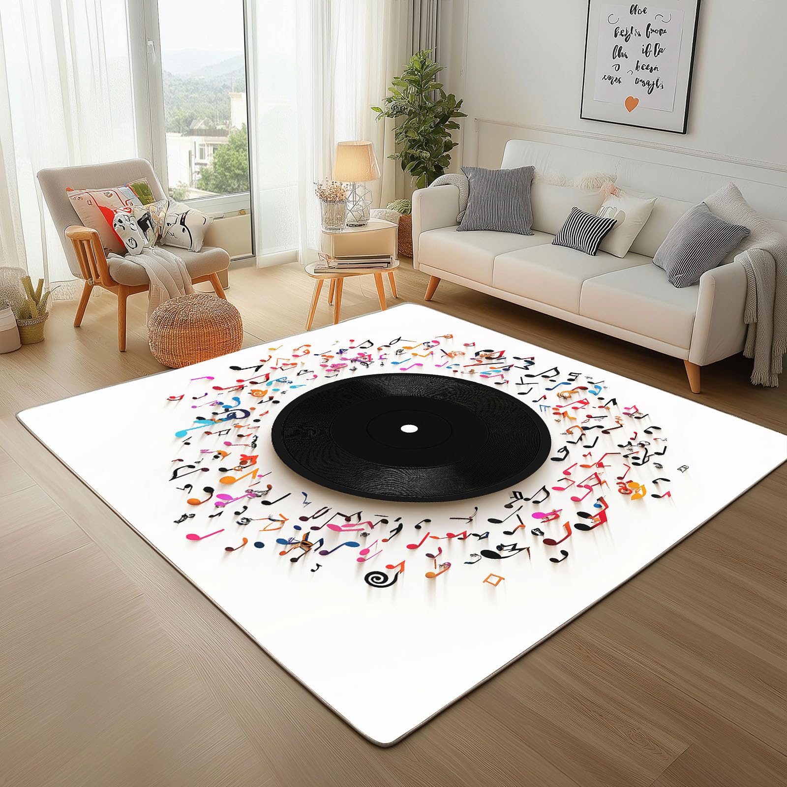 Tapis de salon 160x230cm à poil ras au design moderne de disque vinyle