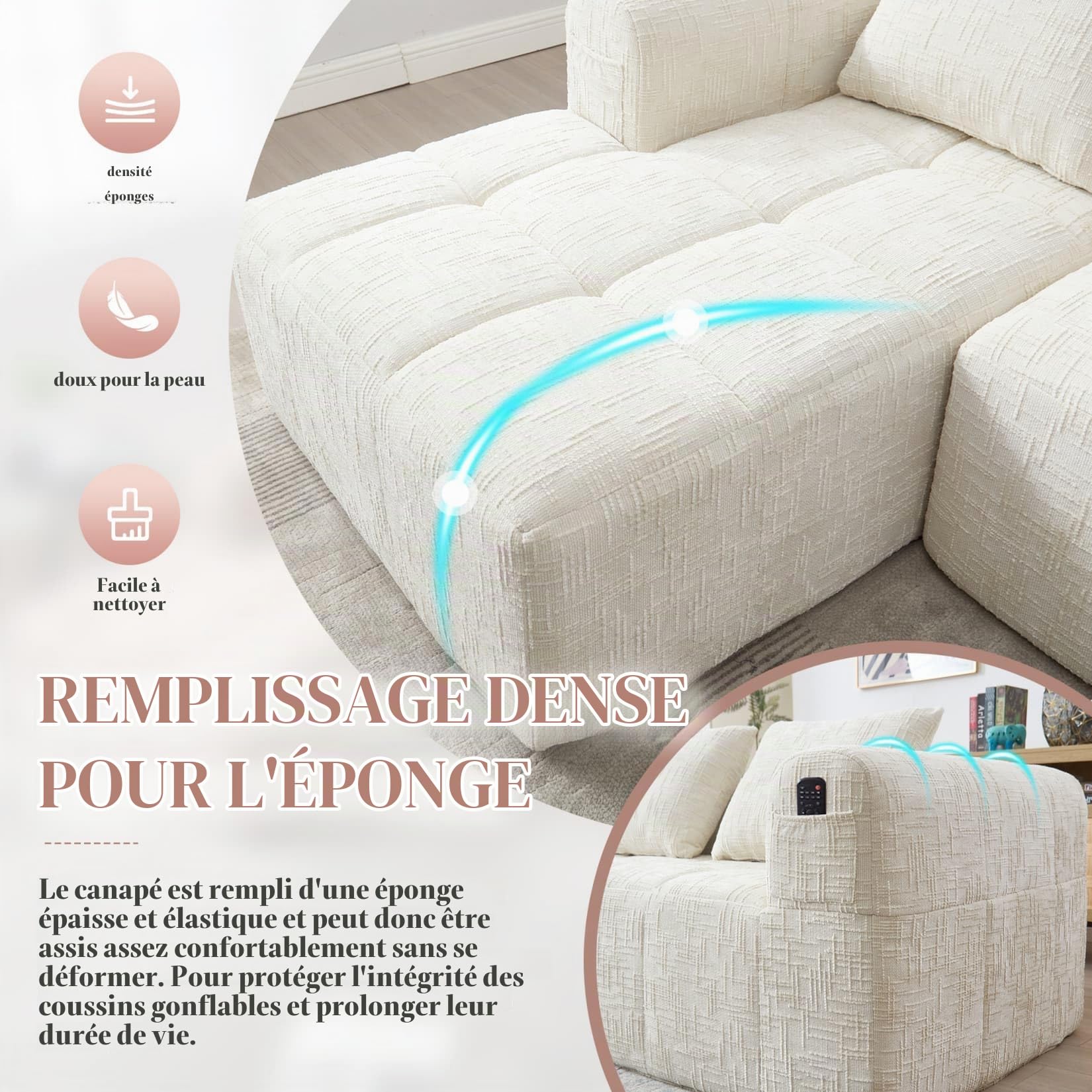 PUGSDRLY Canapé d'angle 3 Places,Canapé Modulable avec 3 Coussins Amovibles et Poches Latérales,Chenille,No Installation Required,pour Salons,Chambres,Appartements (Beige, 3 Places)