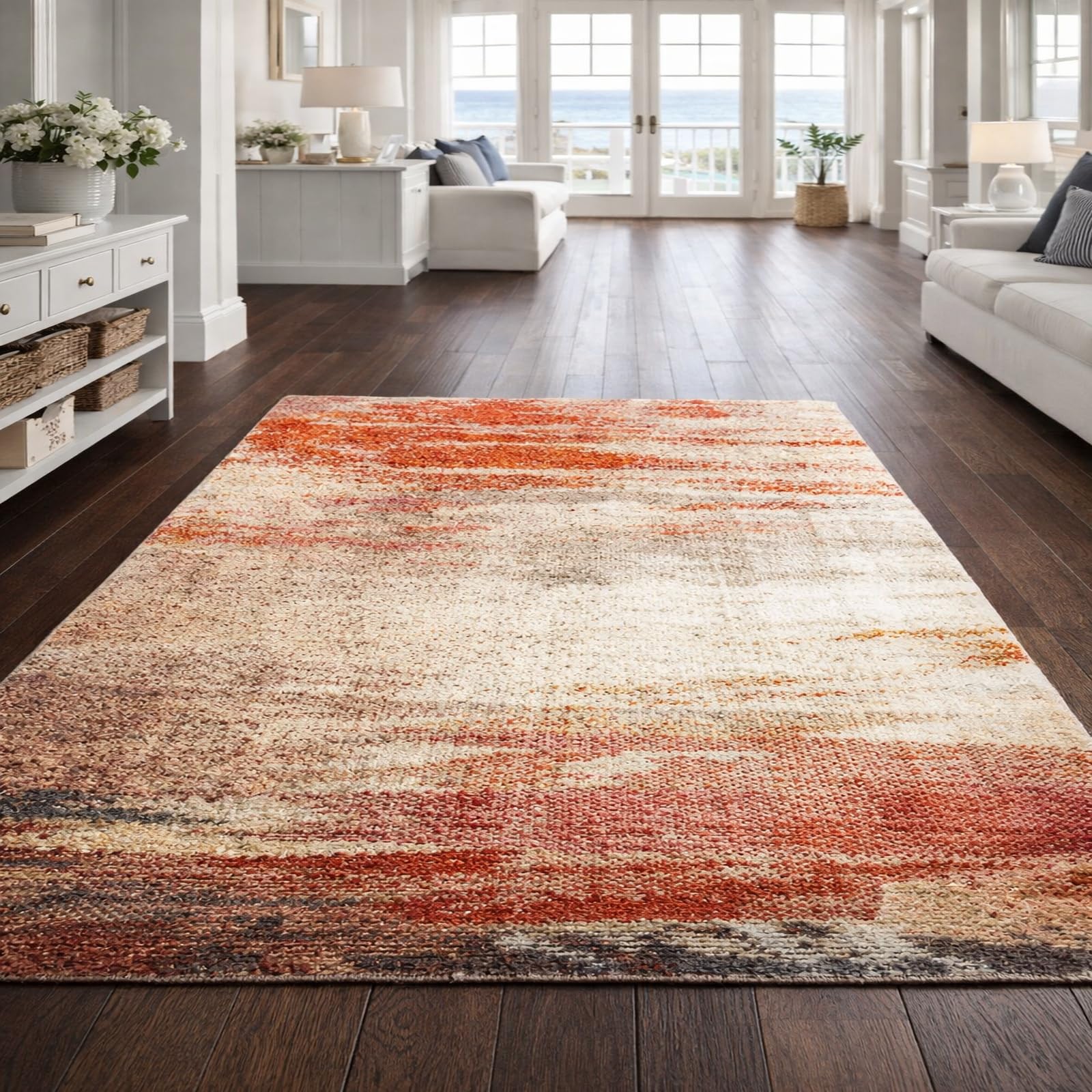 Tapis abstrait rouge et marron 120 x 185 cm pour déco table basse salon