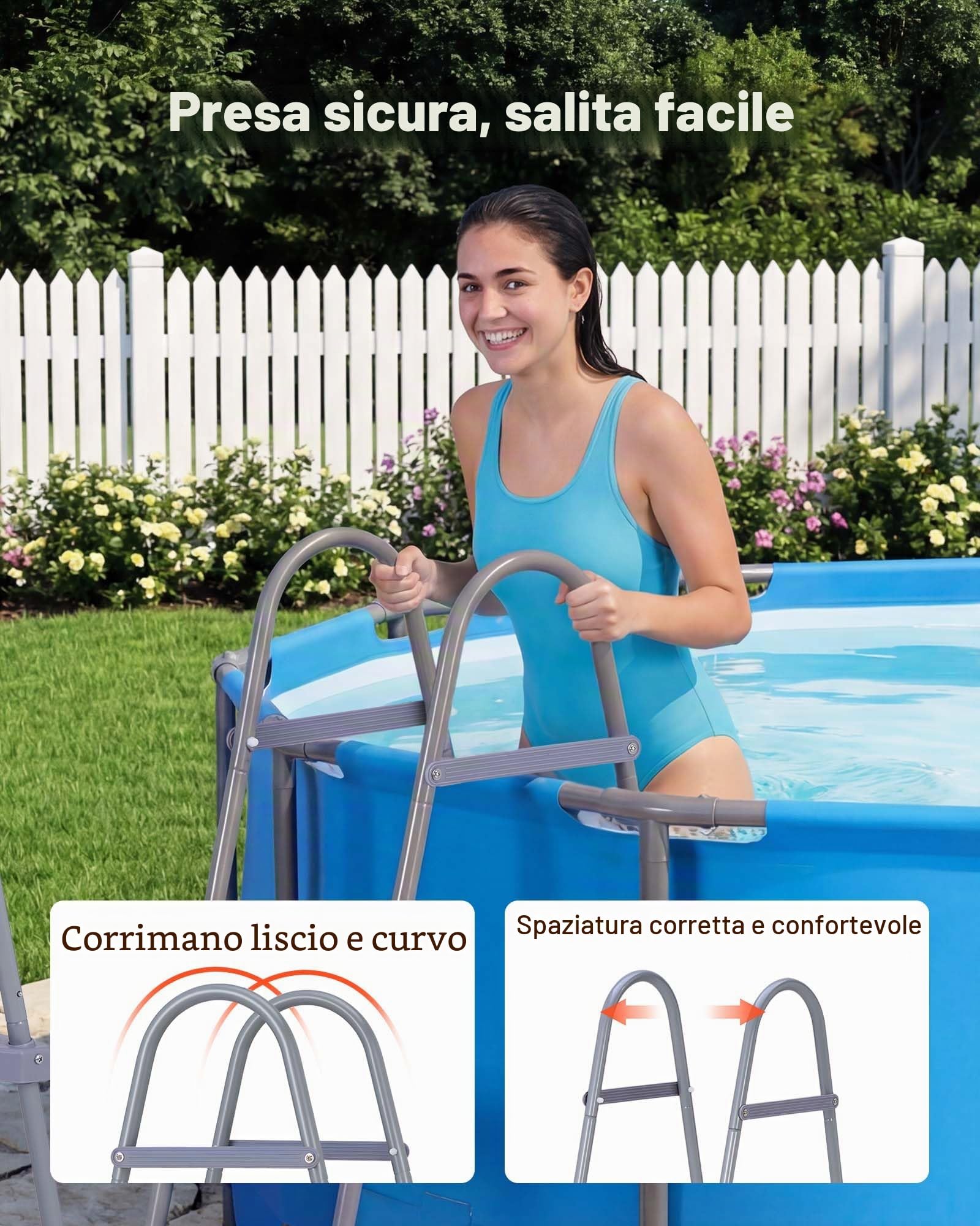 VEVOR Scaletta per Piscine Fuori Terra, Scala di Sicurezza per Piscine a 2 Gradini con Struttura ad A, Altezza 83,8 cm, Telaio in Acciaio, Gradini Antiscivolo, Portata 136 kg, Installazione Facile