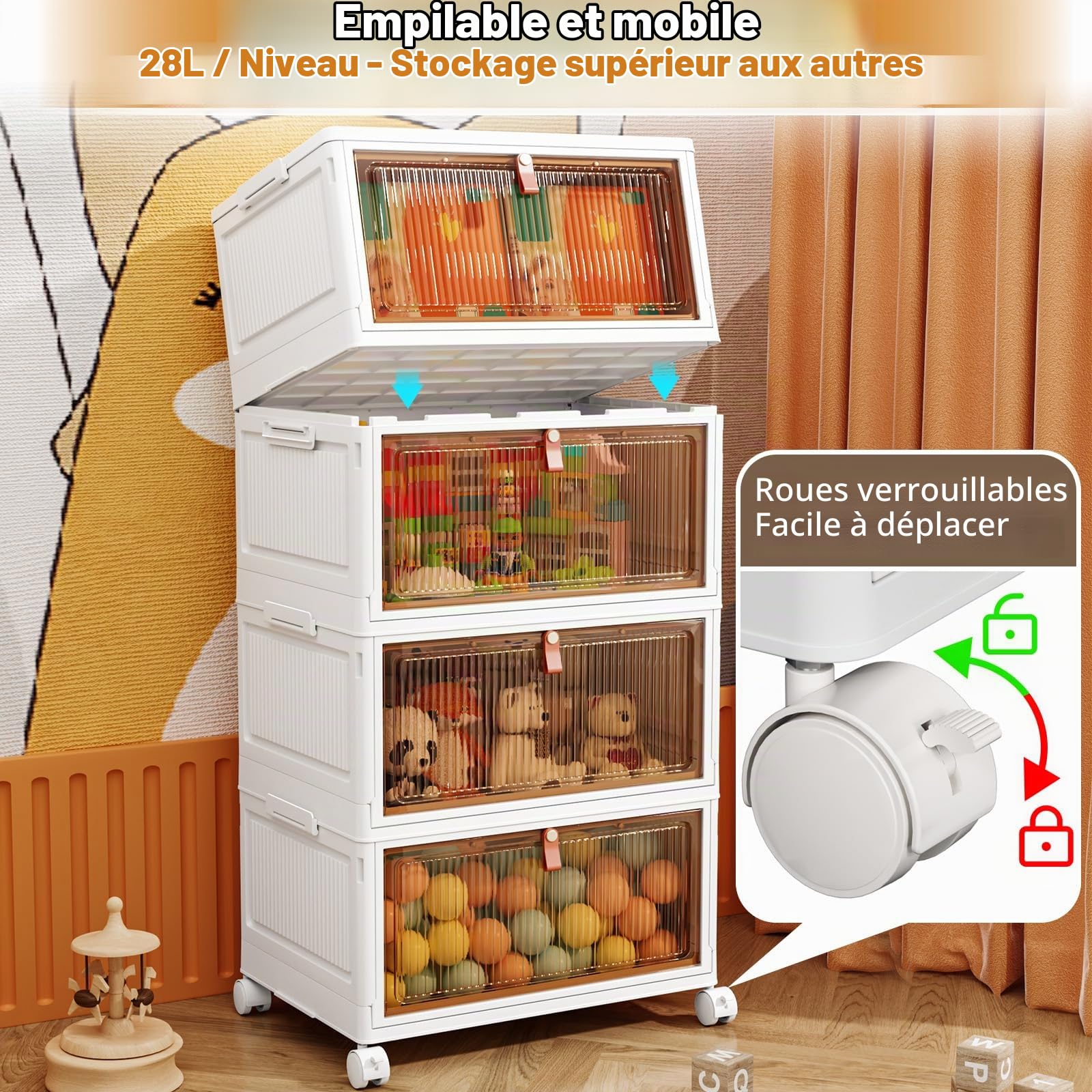 PurKeep Boite de Rangement avec Couvercle - 28L*4 Caisse Rangement Plastique, Boite Plastique Rangement avec Portes et roulettes, Boîtes de Rangement Pliables, Blanc, 4 Emballage