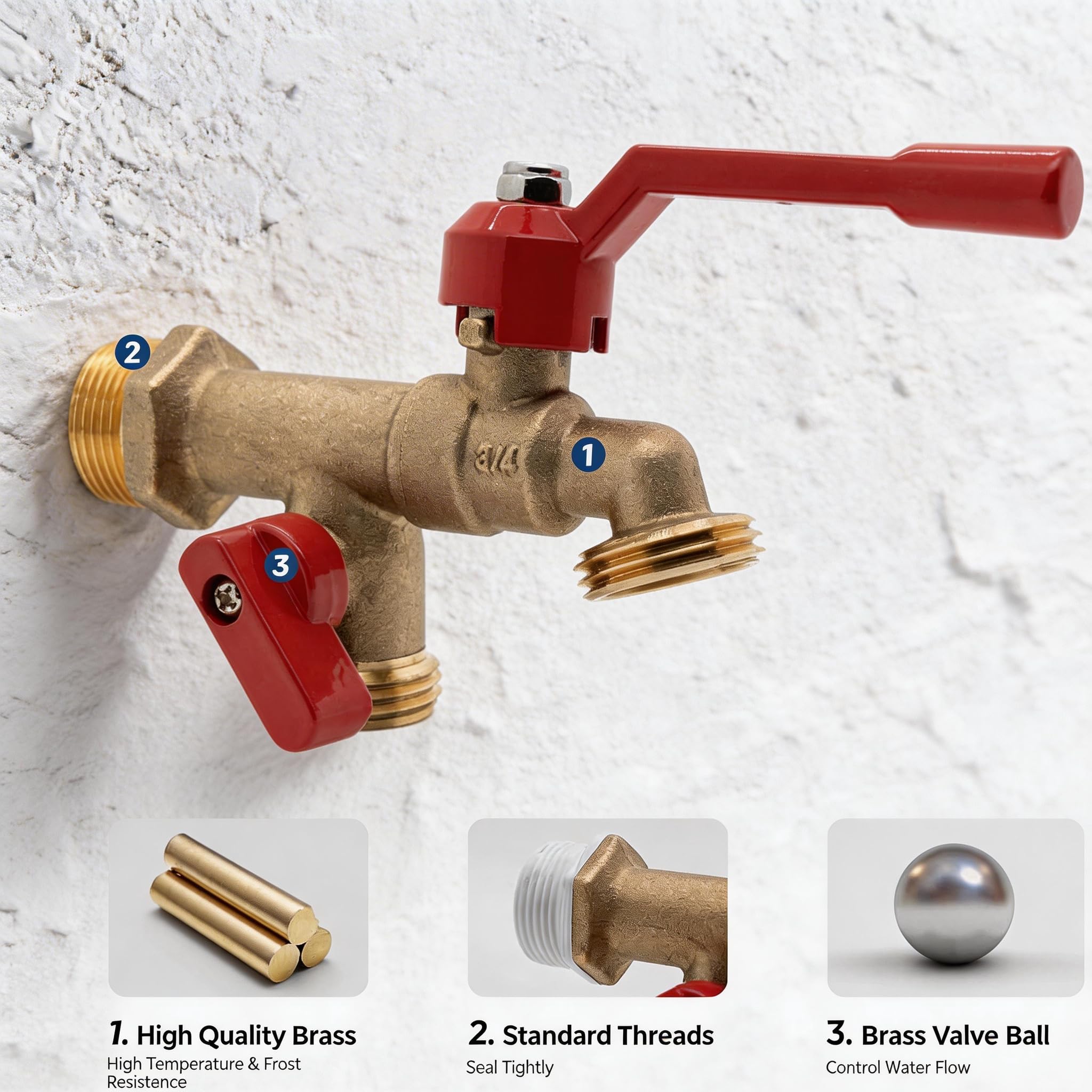 VANCOCO Grifo para exteriores con doble salida, grifo de agua de jardín NPT de 3/4 pulgadas montado en la pared exterior, grifo de latón a prueba de heladas, divisor de manguera de jardín de 2 vías