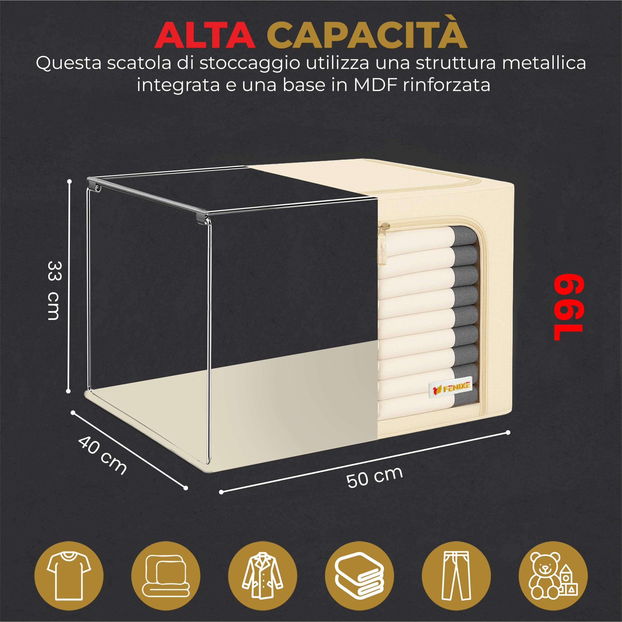 FENIXE_Contenitori Per Armadio Salvaspazio 66L, Beige - Scatole Portaoggetti Confezione da 3 - Organizer Armadio Con Finestre Trasparenti Impilabile, Pieghevole, Resistenti all’Acqua 3x66L Beige