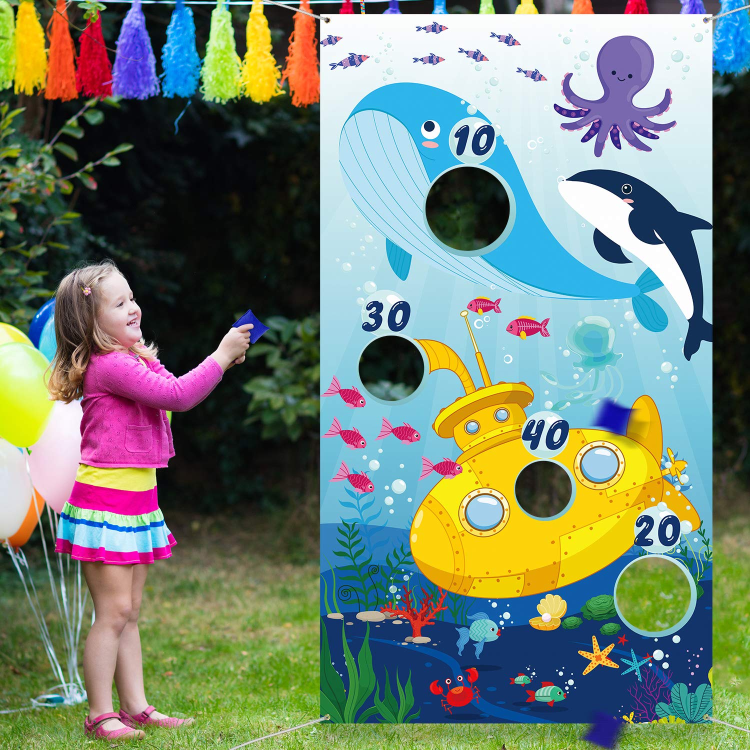 Blulu Ocean Animal Toss Games Banner with 4 Bean Bags Toss Game Indoor Outdoor Dolphin Whale Octopus Blue Birthday Party Decorations for Ocean Animal Theme Party Supplies Photo Background Backdrop