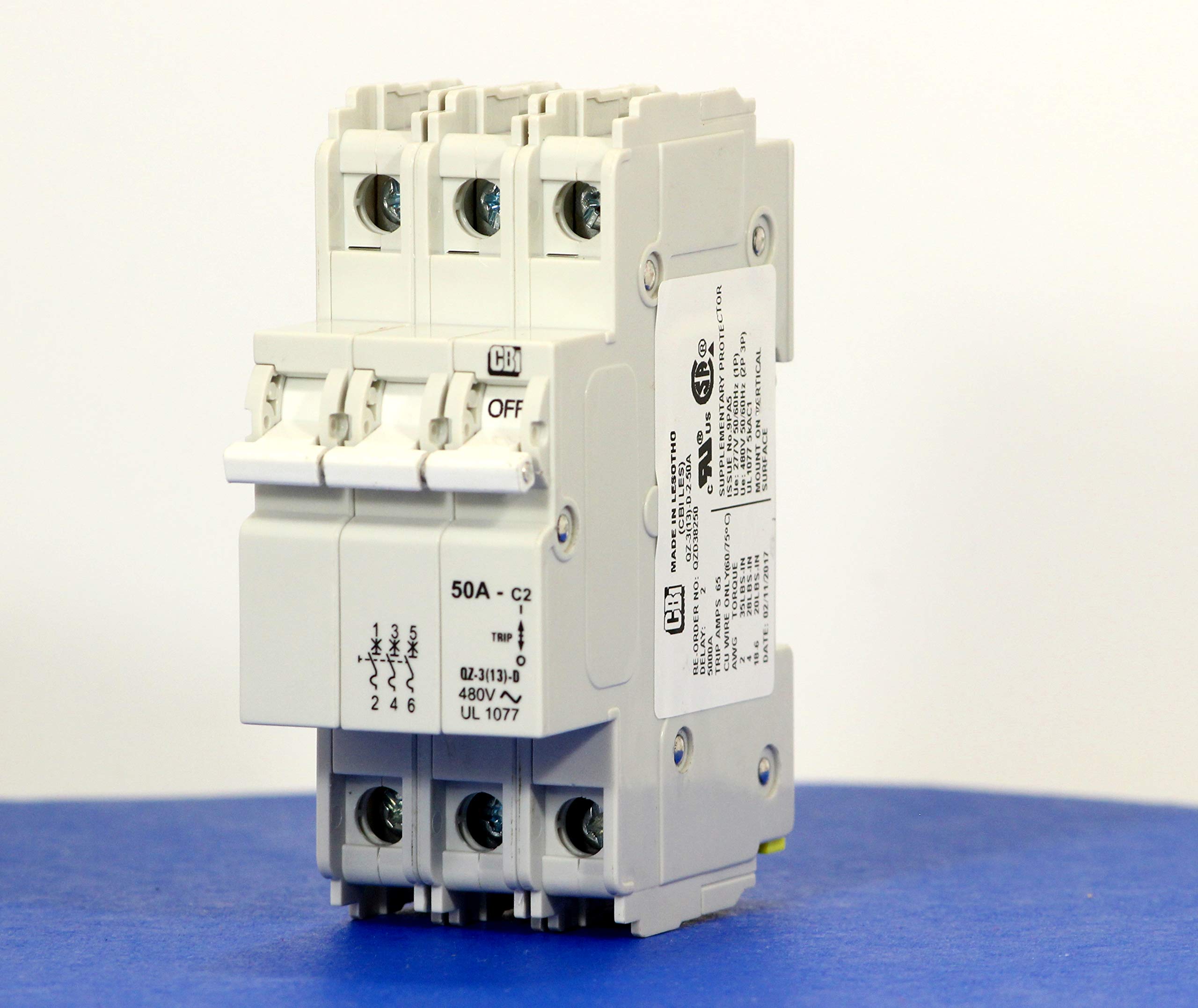 SHAMROCK CONTROLS QZD38250 Circuit Breaker, QZ Series, Curve 2 Equivalent to Curve C, Medium Delay, AC Voltage, UL 1077 Recognized, 3 Pole, 50 amp