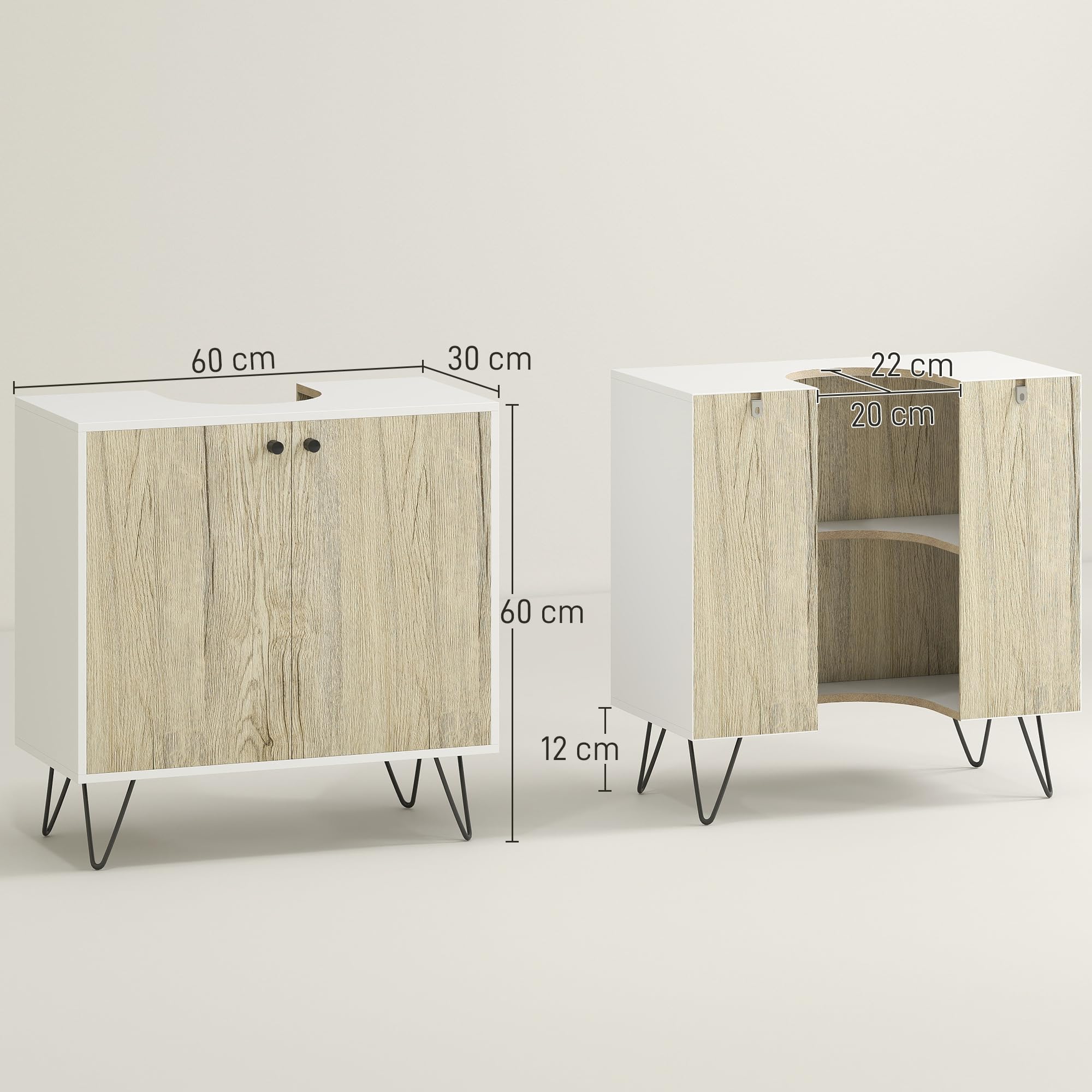 kleankin Mueble para Debajo del Lavabo Madera 60x30x60 cm Roble y Blanco | Armario Bajo Lavabo, Armario de Baño de Suelo, 2 Puertas, Estante, Patas de Acero