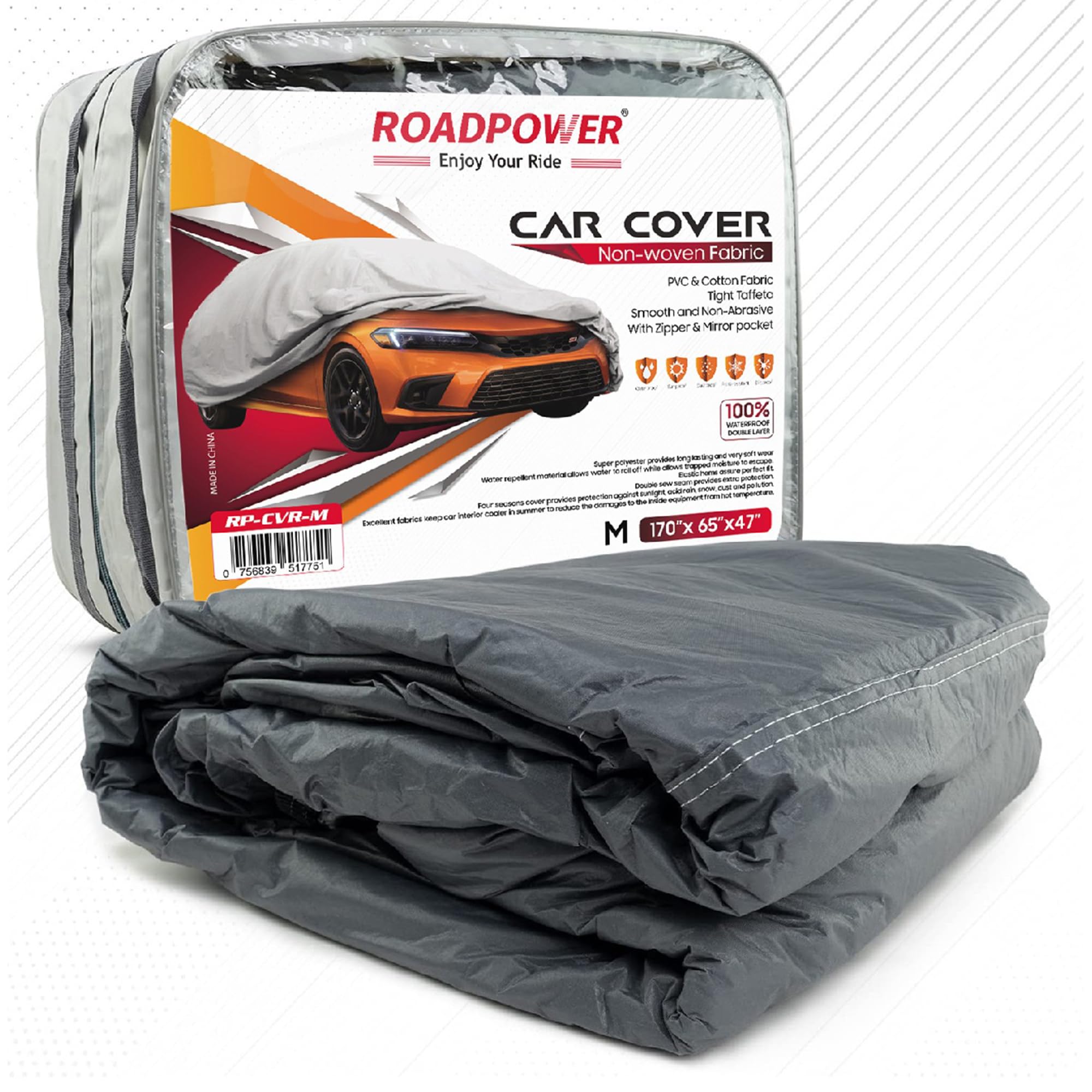 ROADPOWER zipper Car Cover with Mirror Pocket for All Weather Waterproof Windproof Dustproof UV Protection Full Covers PVC & Cotton Fabric Tight Taffeta smooth Non-Abrasive (Medium 170''X 65''X 47'')
