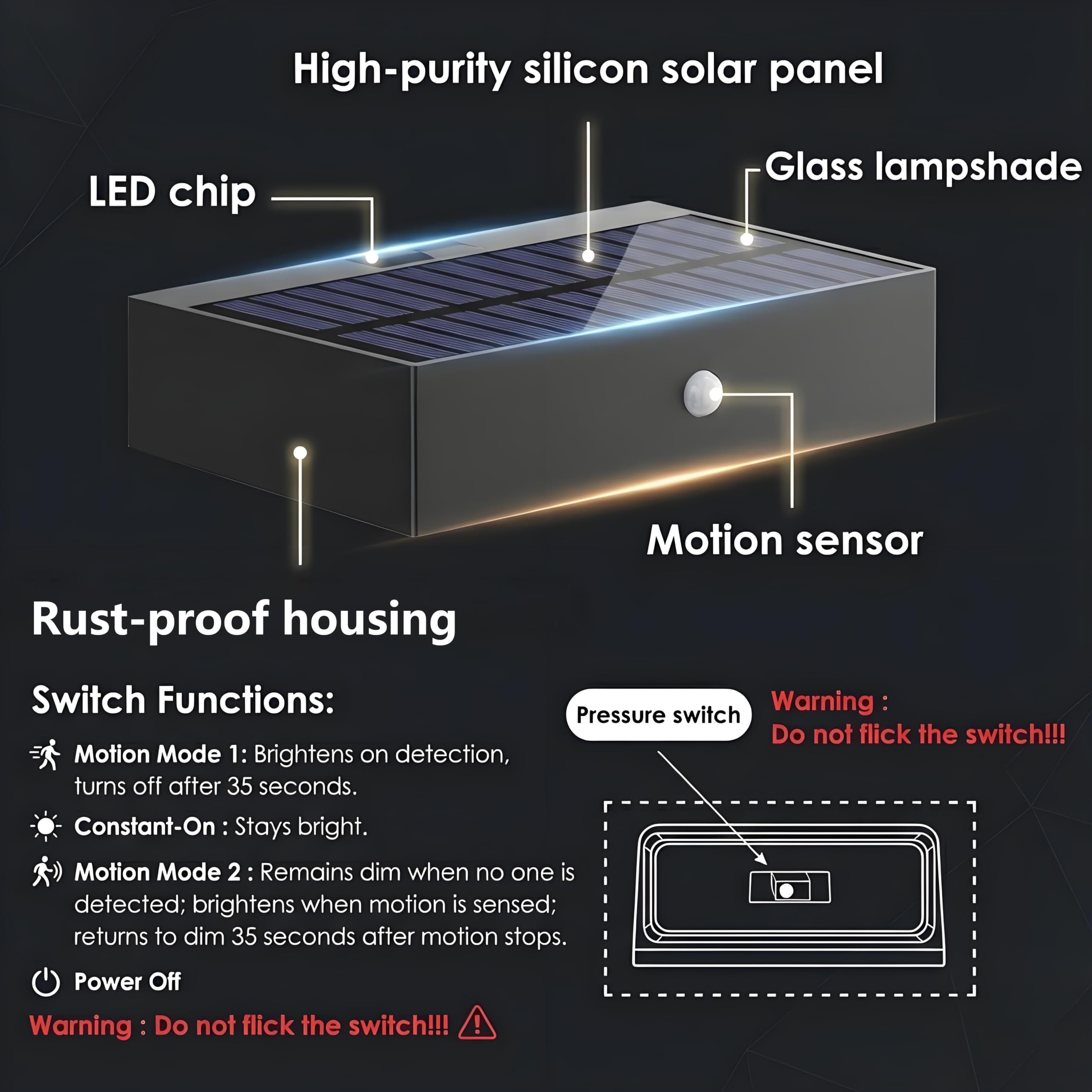 ACMHNC Zewnętrzna lampa solarna, zewnętrzna lampa słoneczna, 18 diod LED w górę i w dół zewnętrzna lampa solarna czujnik zmierzchu, bateria 4400 mAh, aluminium i szkło, ciepła biel