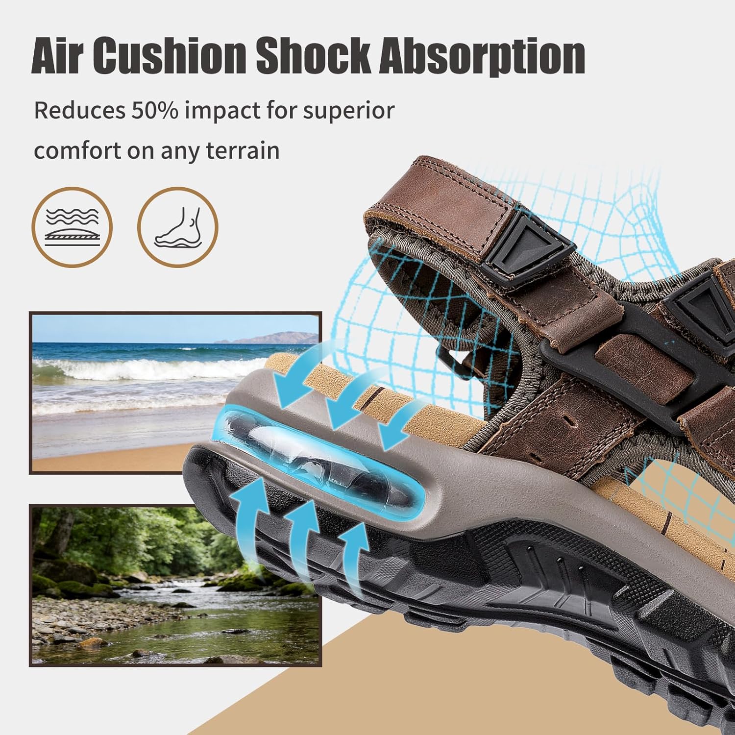 ziitop Men's Beach Sandals Leather Open Toe Water Shoes Outdoor Sport Hiking Sandals with Adjustable Strap Air Cushion for Summer - Image 2