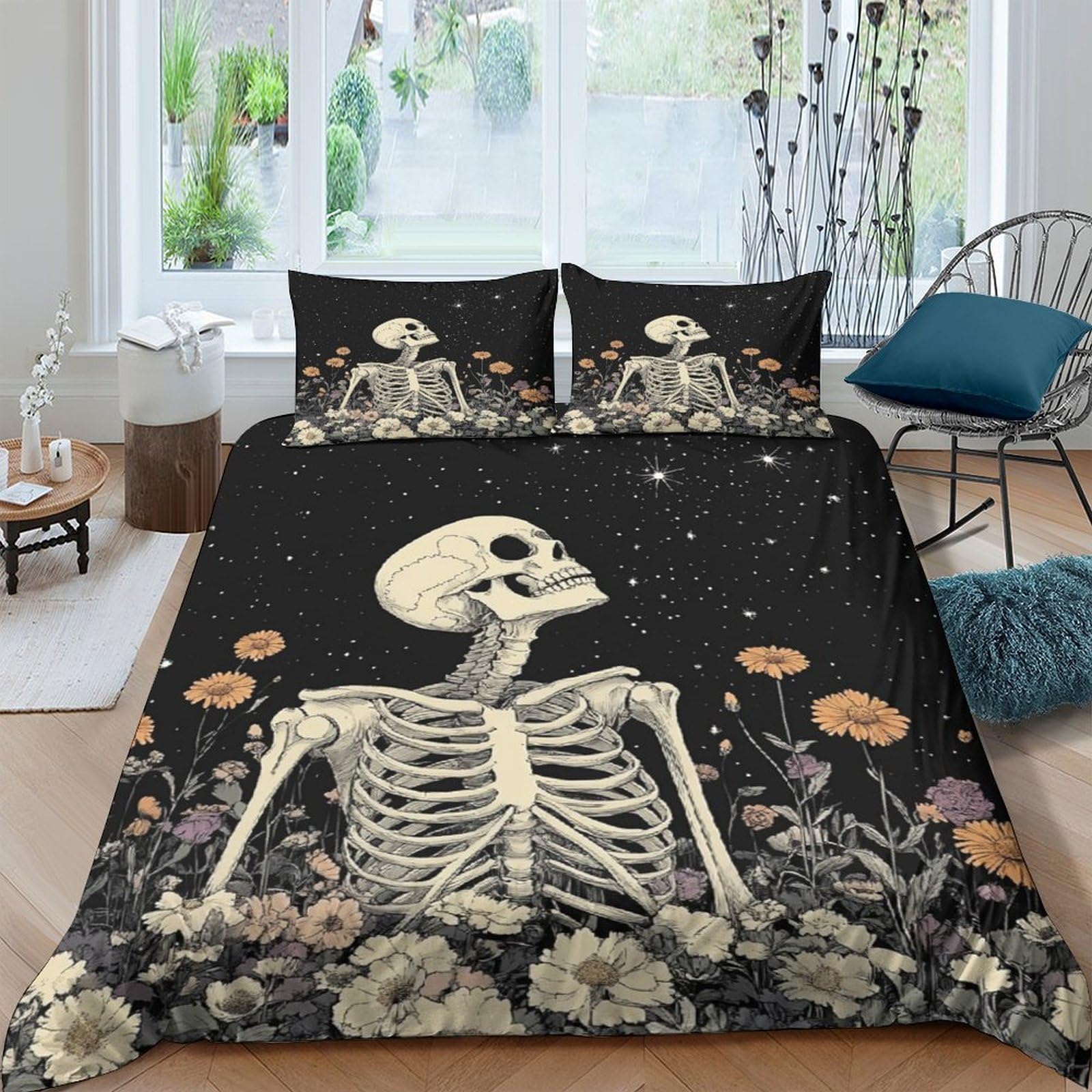 Ctjqhvkz Style-3 3D Printed Skeleton Floral Fitted Sheet Microfiber Soft Black Gothic Mattress Cover Bedroom Decor, Dustproof, Machine Washable Single（135X200cm）