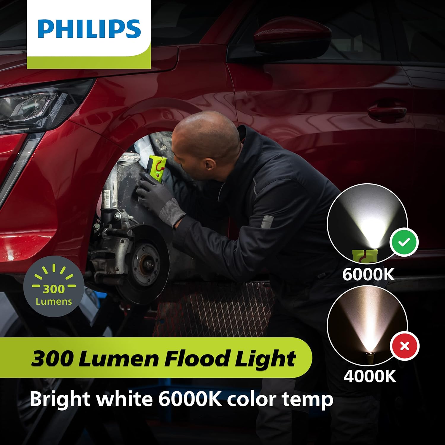 Philips Xperion 6000 Pocket Rechargeable LED Work Light, 300 Lumen Professional Handheld Flashlight with Magnetic Base and Hanger Hook for Mechanics, Construction