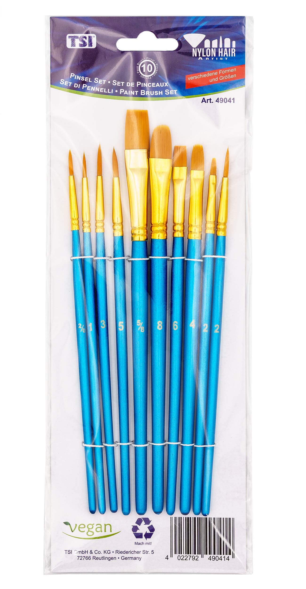 TSI Set di pennelli in nylon da 10 pezzi, con dimensioni 1,2,2/0,3,5 (pennello rotondo) – 2,8 (pennello per gatto) – 4,6,5/8 (pennello piatto), art. n. 49041