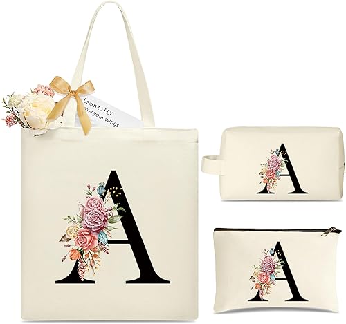 Bolsa de lona con iniciales para mujer, 2 bolsas de maquillaje, regalos personalizados, regalos para profesores, regalos de cumpleaños para mejores
