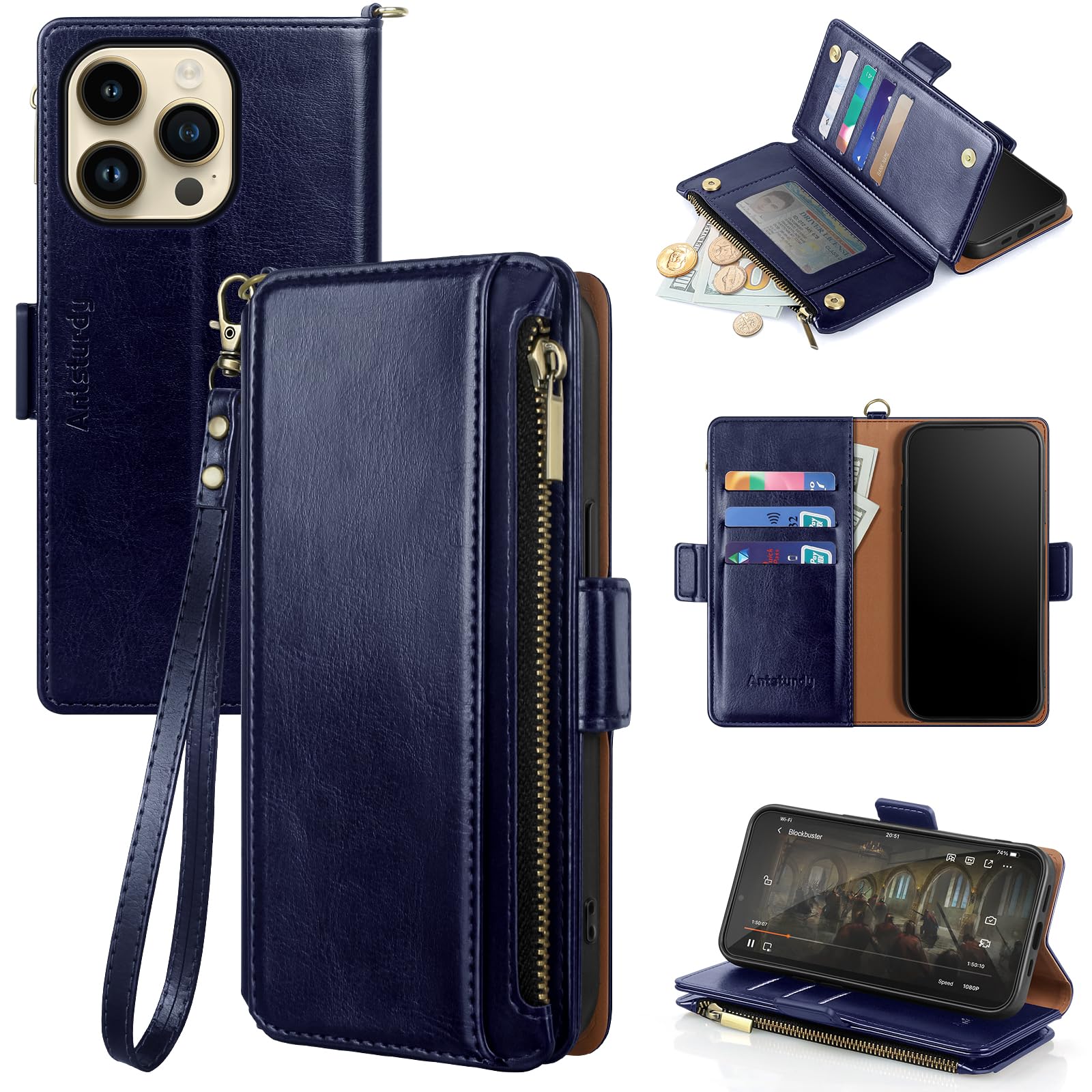 Antsturdy Compatible with iPhone 14 Pro Max Wallet Case,RFID Blocking PU Leather Phone Case Women Men Flip Protective Cover Strap Zipper Credit Card