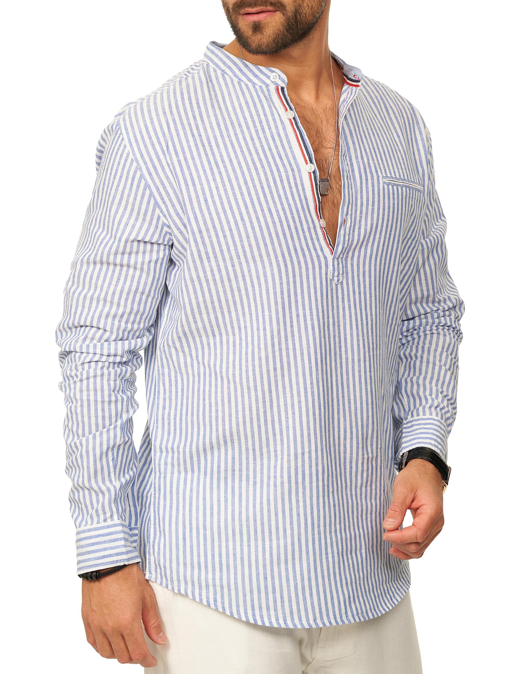 behype. Herren Leinenhemd als Langarmhemd Gestreift - Freizeithemd im Regular-Fit mit Henley Stehkragen Sommerhemd - Strandhemd im Sommer-Look für Männer