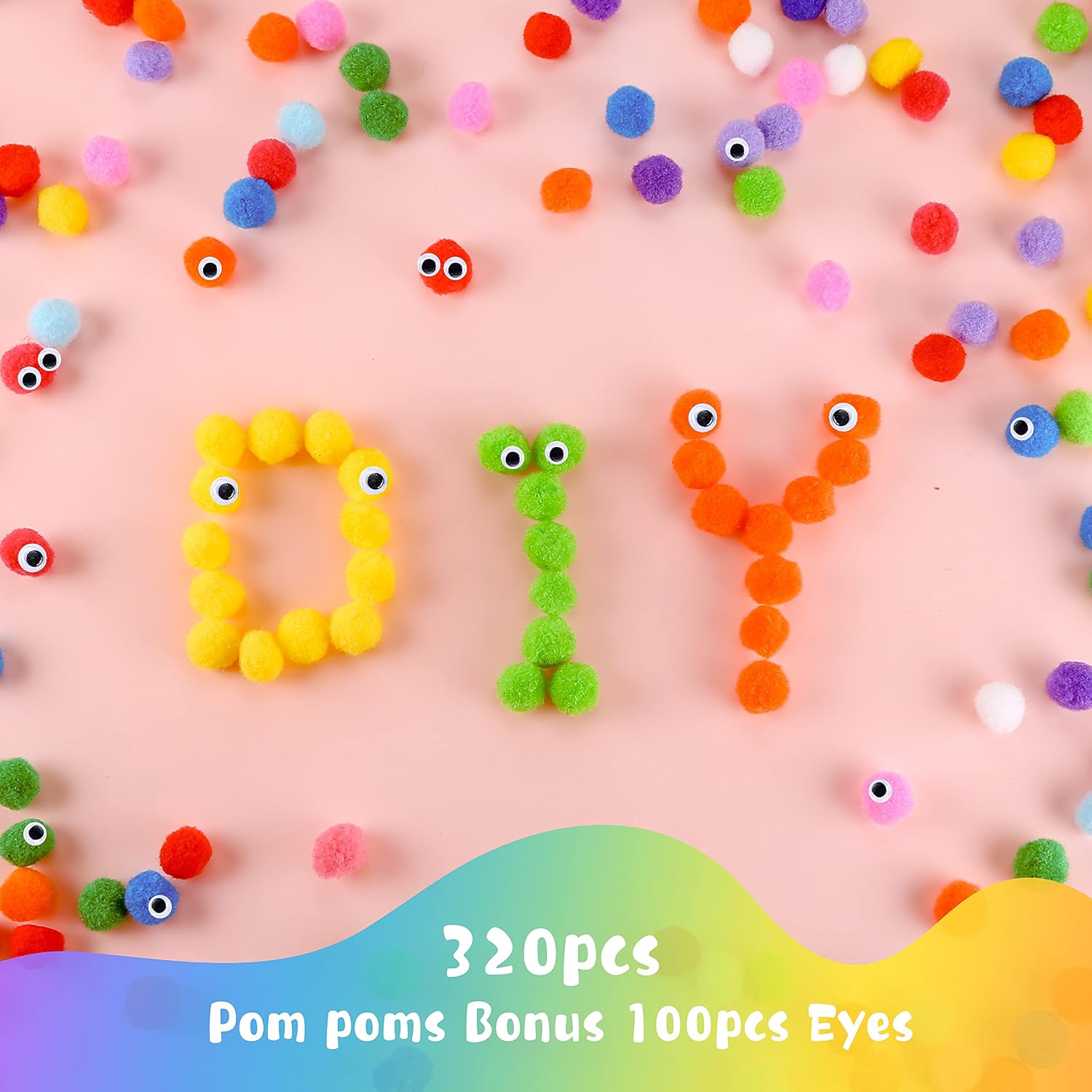 Pllieay 420 Pieces Large Pom Poms Set, Include 320PCS 1 inch Bright Assorted Pompoms (20 Colors) & 100PCS Self-Adhesive Wiggly Eyes for Puff Balls Kids' Art, Craft Projects, Christmas Decoration