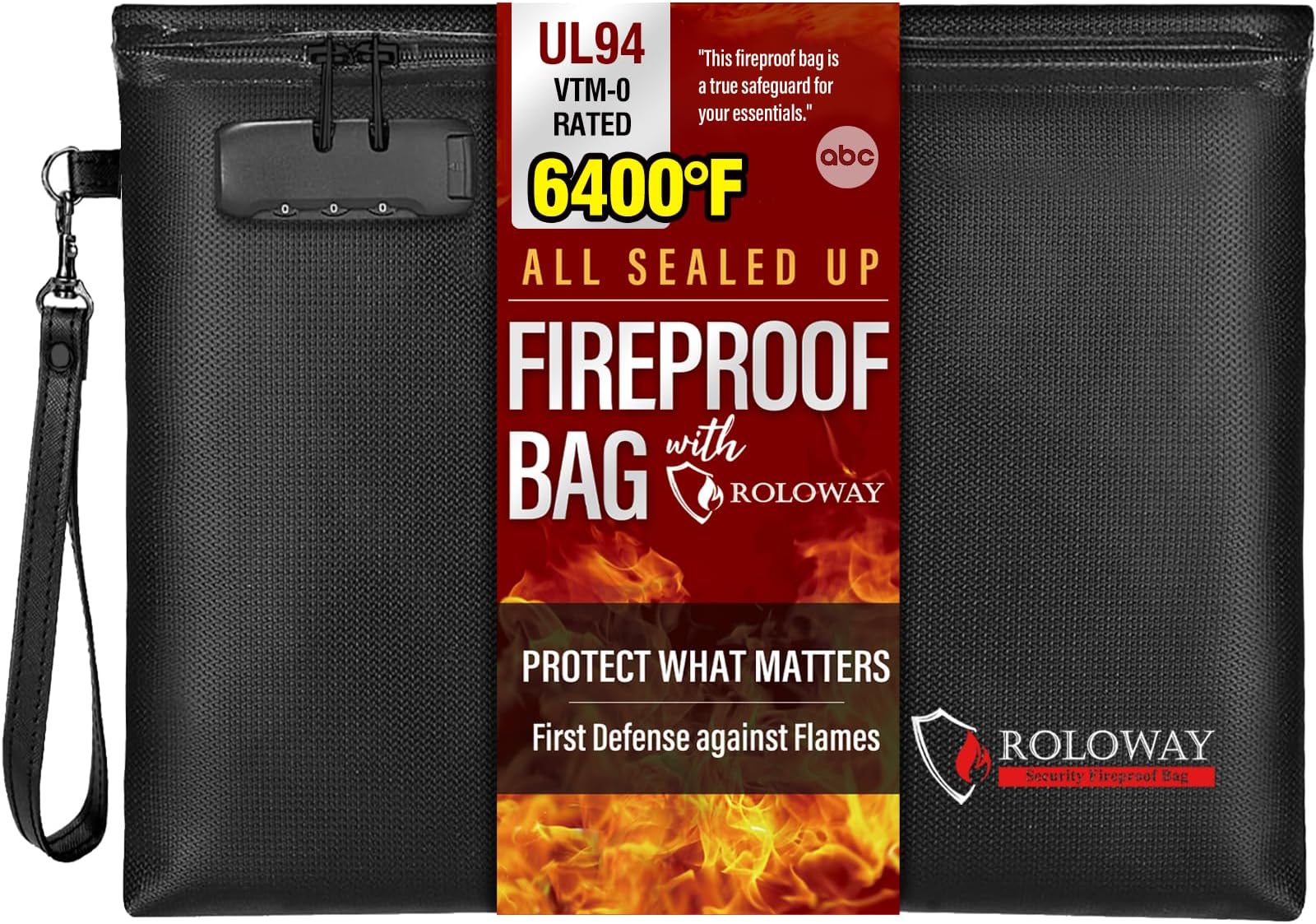 ROLOWAY Fireproof Document Bag (14.5 x 11.5 inch), 6400℉ Fireproof Money Bag with Zipper for Cash, Fire Safe Money Pouch with Lock (Black)