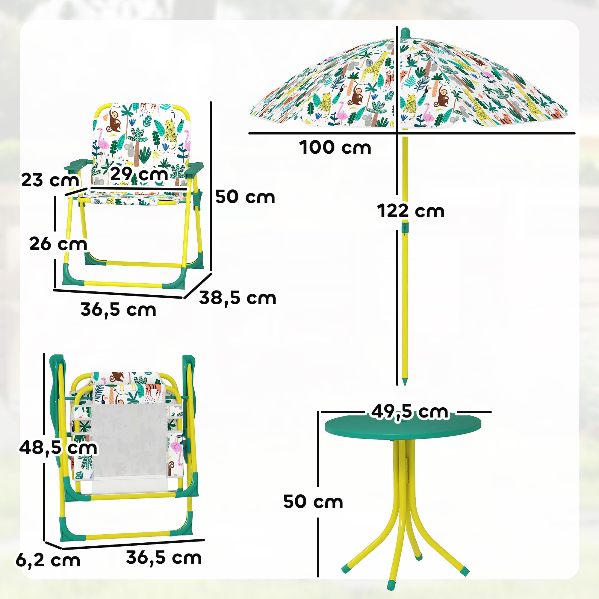 AIYAPLAY Conjunto de Mesa y Sillas Infantil de Jardín de 4 Piezas, Mesa Infantil con Sillas Plegables, Sombrilla Desmontable, Diseño de Jungla, para Patio, Pícnic, Verde