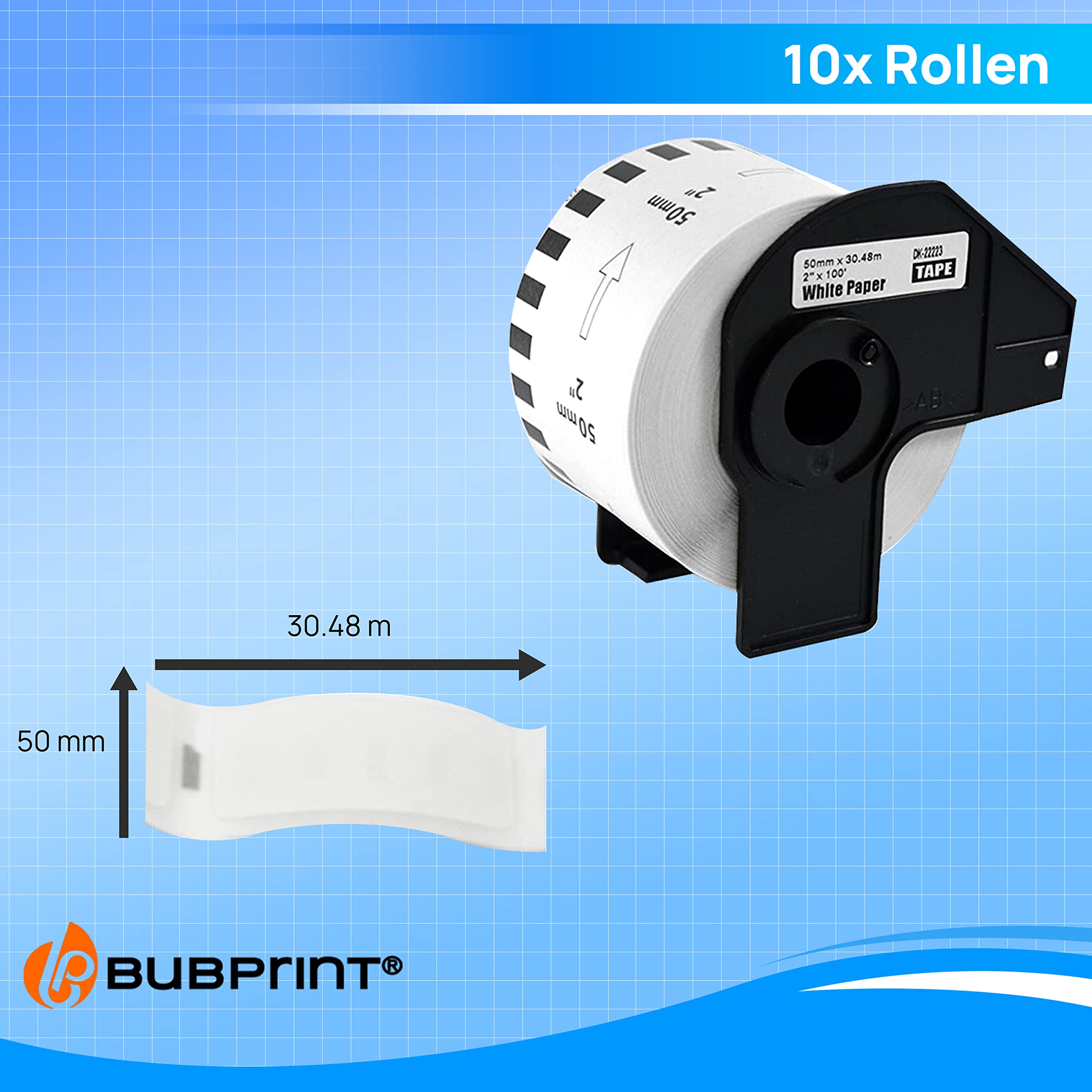 Bubprint 10 Etiketten kompatibel mit Brother DK-22223 50mm x 30,48m