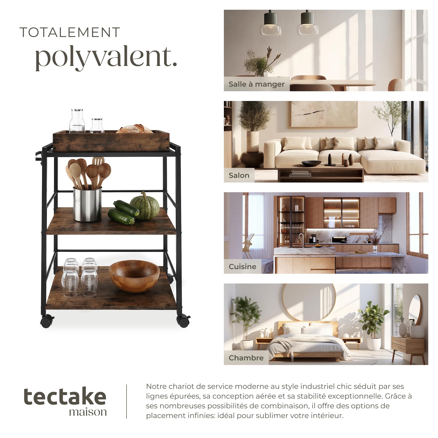 tectake® Chariot de Service Style Industriel, Desserte à roulettes 65 x 41,5 x 87 cm, Chariot Cuisine avec Plateau Amovible, roulettes pivotantes à Frein, Meuble Cuisine, Meuble Rangement, Bois foncé