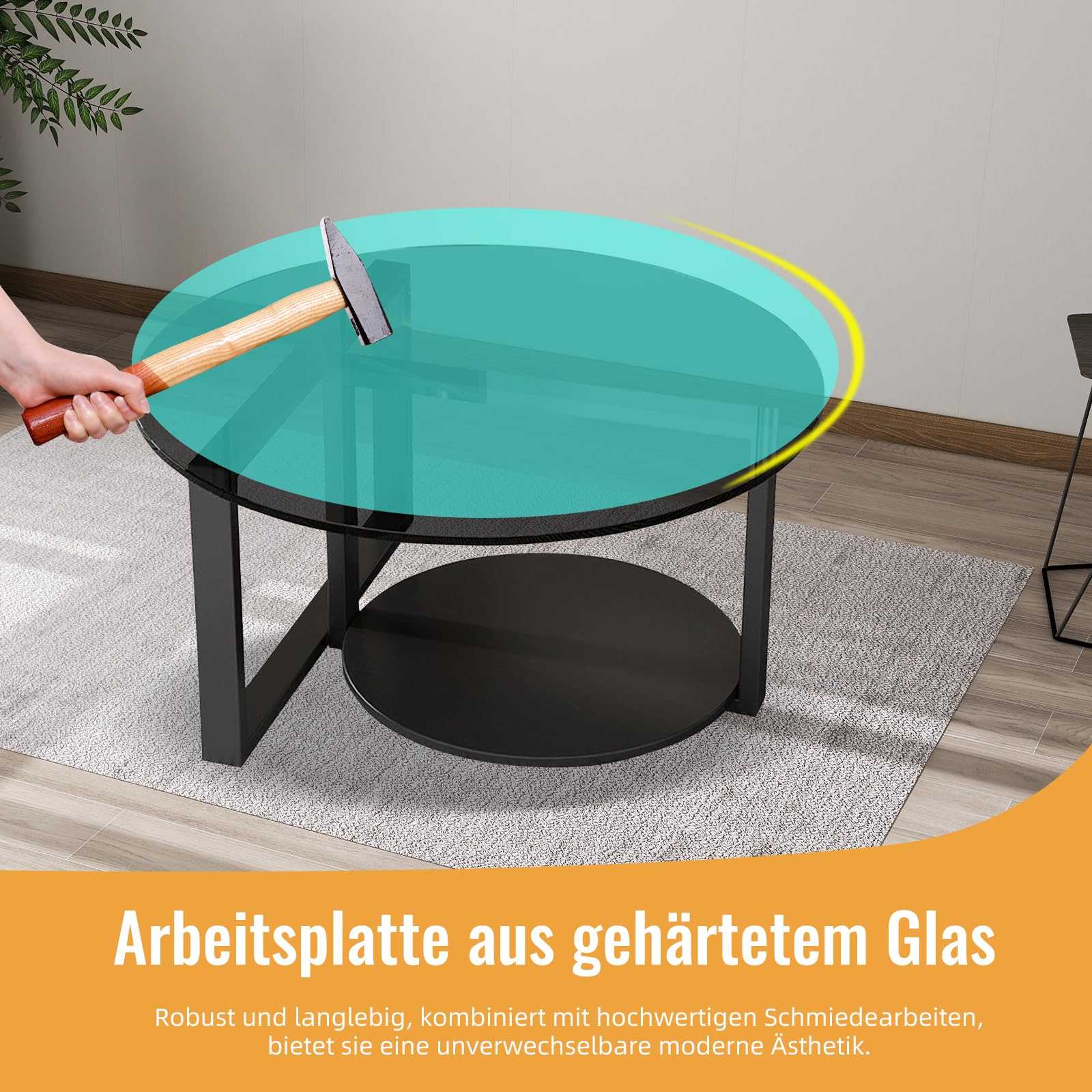 Couchtisch Rund Schwarz, Glas Couchtisch mit Stauraum, 60cm Doppelstöckiger Wohnzimmertisch Rund, Schwarz Round Coffee Table mit Metallrahmen