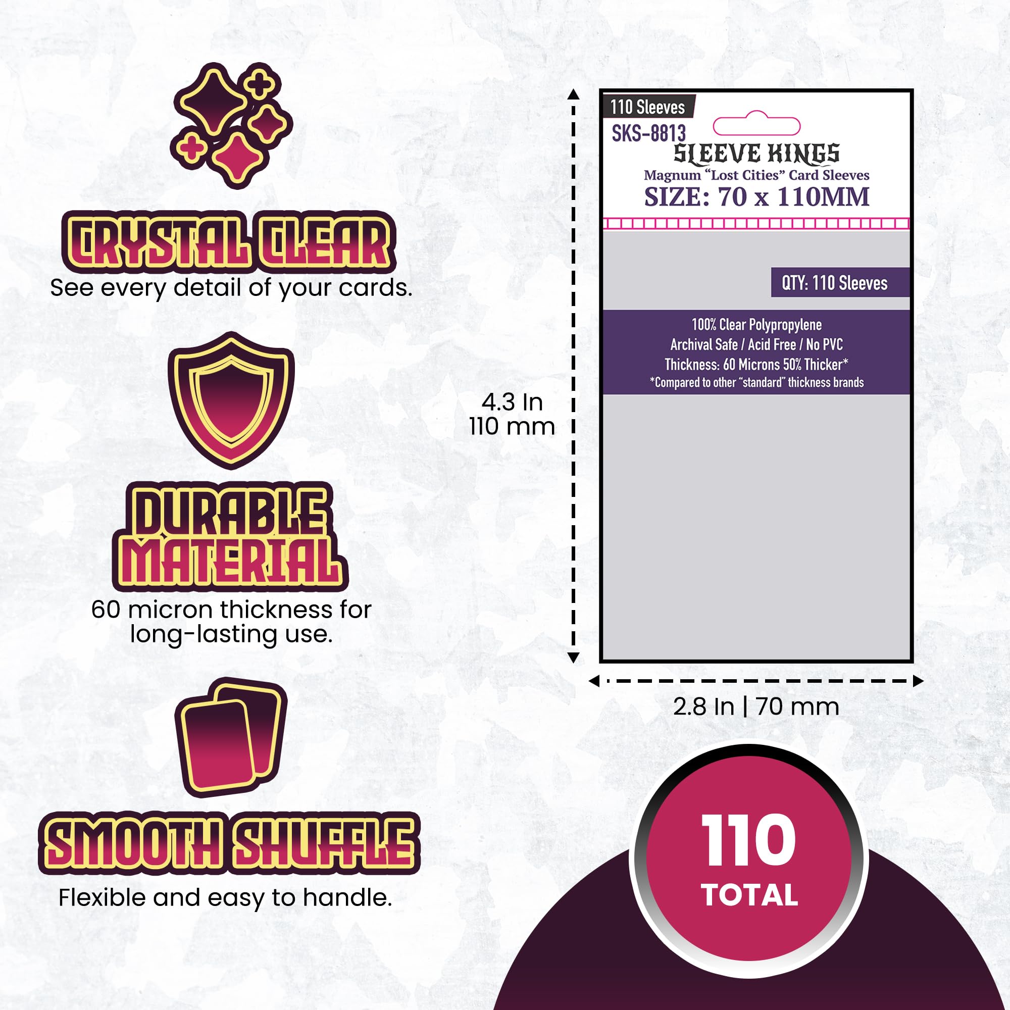 Amazon.com: Sleeve Kings Standard Card Sleeves – 110 Count, Clear 60 Micron  Thickness, Large Size (70 x 110 mm), Compatible with Scythe & More – SKU:  SKS-8813 : Toys & Games