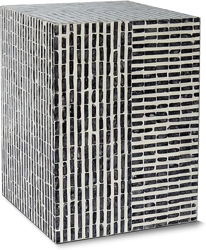 Mesa auxiliar cuadrada de tambor con incrustaciones de nácar, mesa auxiliar de laca nácar, mesita de noche y taburete de tocador (negro y blanco)