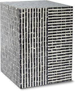 PEMAR Capiz Shell Square Drum End Table Side Accent Table Contemporary Mosaic Deco Patio Coffee Boho Décor Modern Nightstand & Vanity Stool (Dark Grey & White Stripes)
