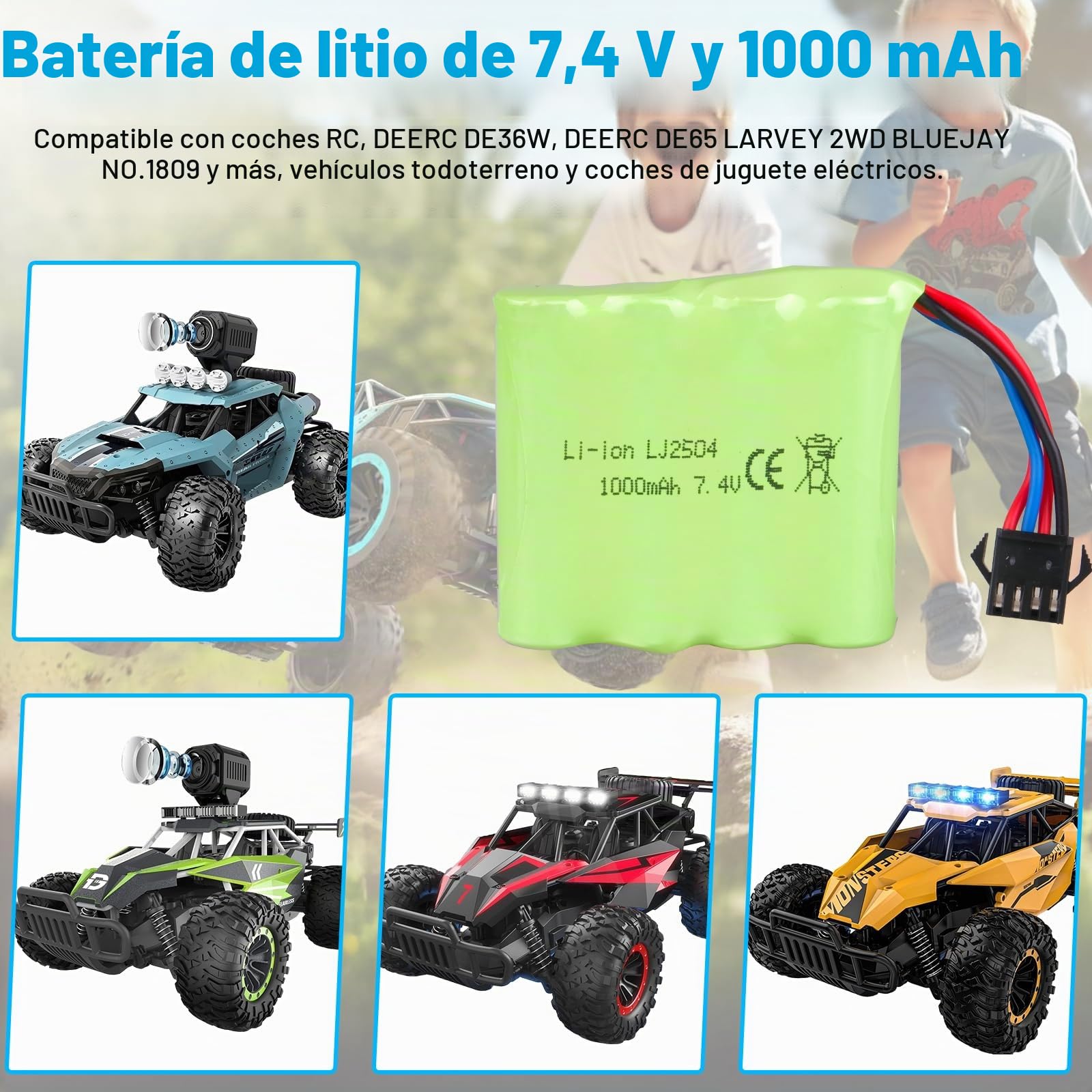 2PCS 7.4 V 1000 mAh Batería de Litio con Conector SM-4P y Cable de Carga USB para Coche RC, Barco, Camión, DE36W DE65 NO.1809 Coche de Juguete RC, Coche Todoterreno