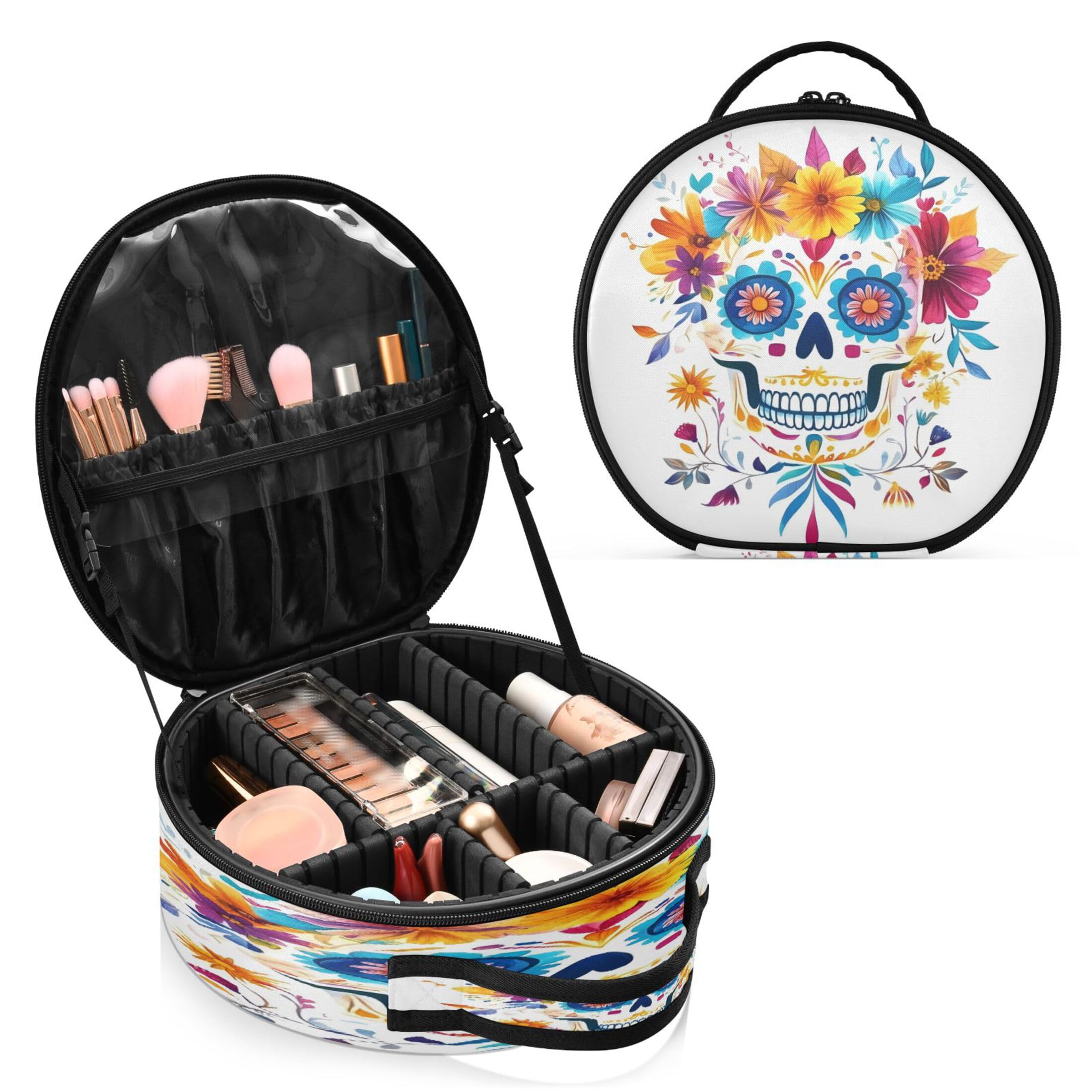 Takiito Watercolor Skull Colorful Flowers Travel Makeup Case Portable Makeup Box Artist Cosmetic Case Organizer With Adjustable Dividers