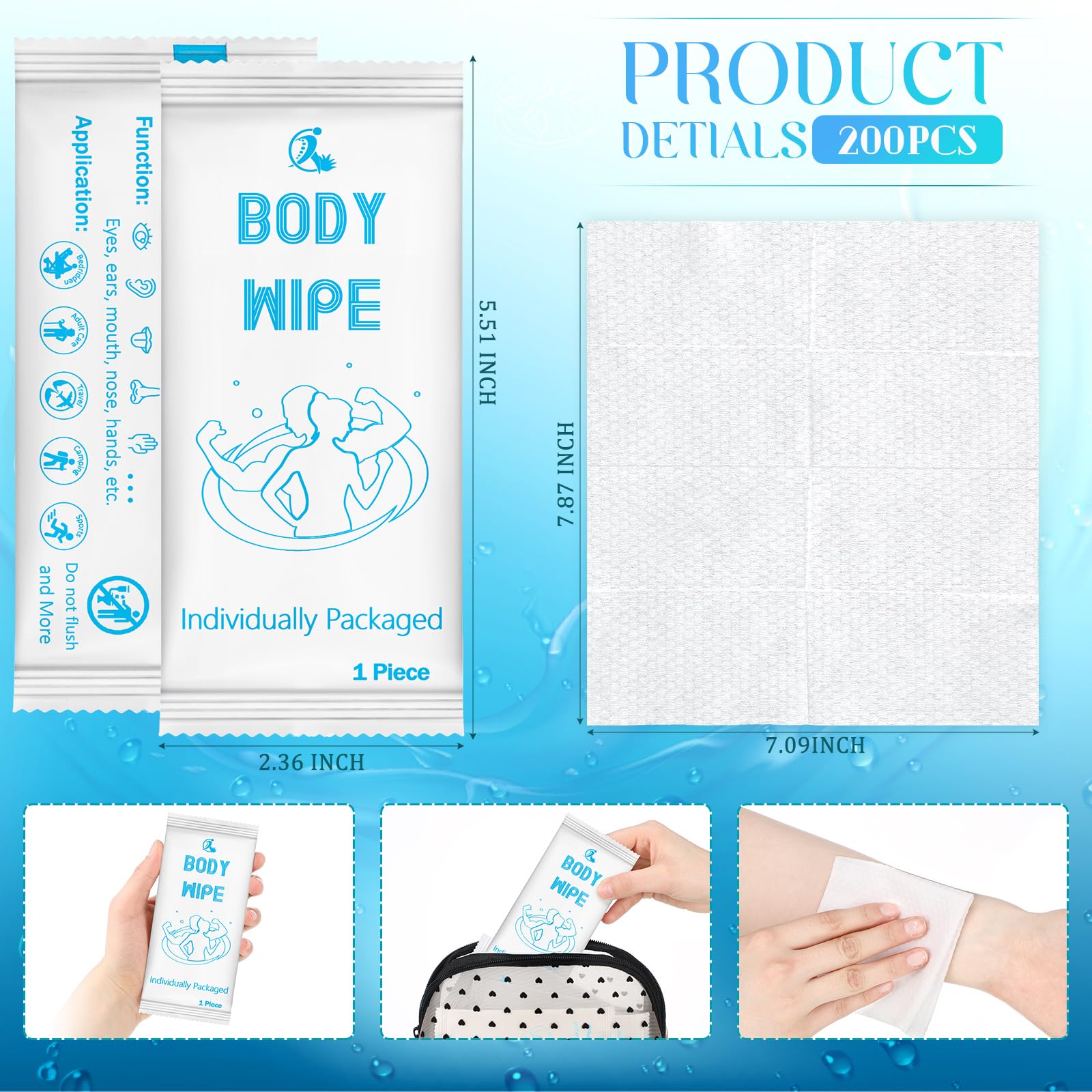 Timgle 200 toallitas de ducha para el cuerpo, envueltas individualmente, para cara, manos, cuerpo, con patrón de perlas, toallitas húmedas con aloe para adultos, limpieza de baño, senderismo, camping,