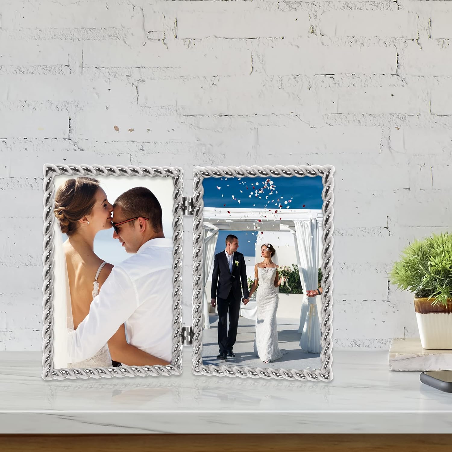 4x6 Hinged Double Cast Metal Picture Frames, Silver Rope Design