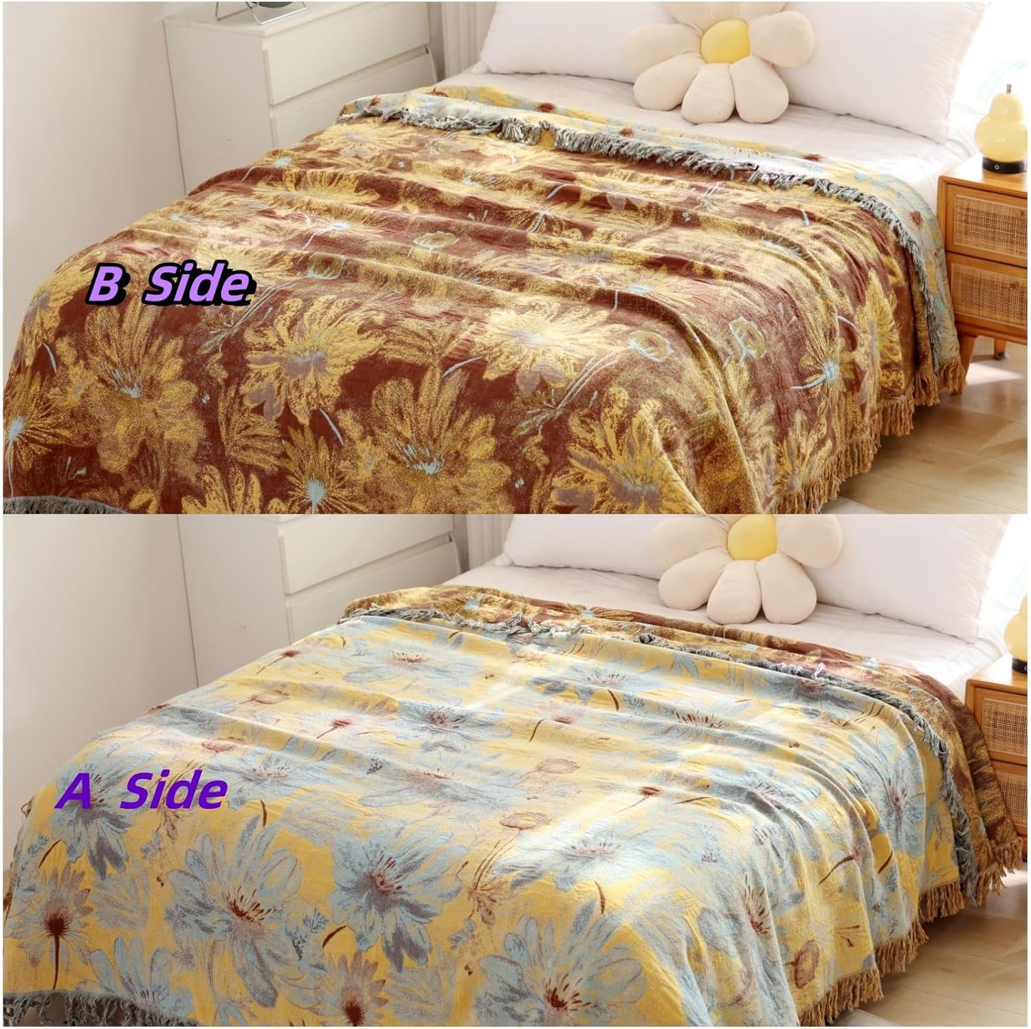Boho Throw Blanket, 100% Cotton Ultra Soft Luxury Throw Rustic Quilt, Muslin Breathable Soft Bed Throw ，All Throw for Sofa Couch Chair 60×80 Inch (A-Yellow Flowers, 80x90 Inch)