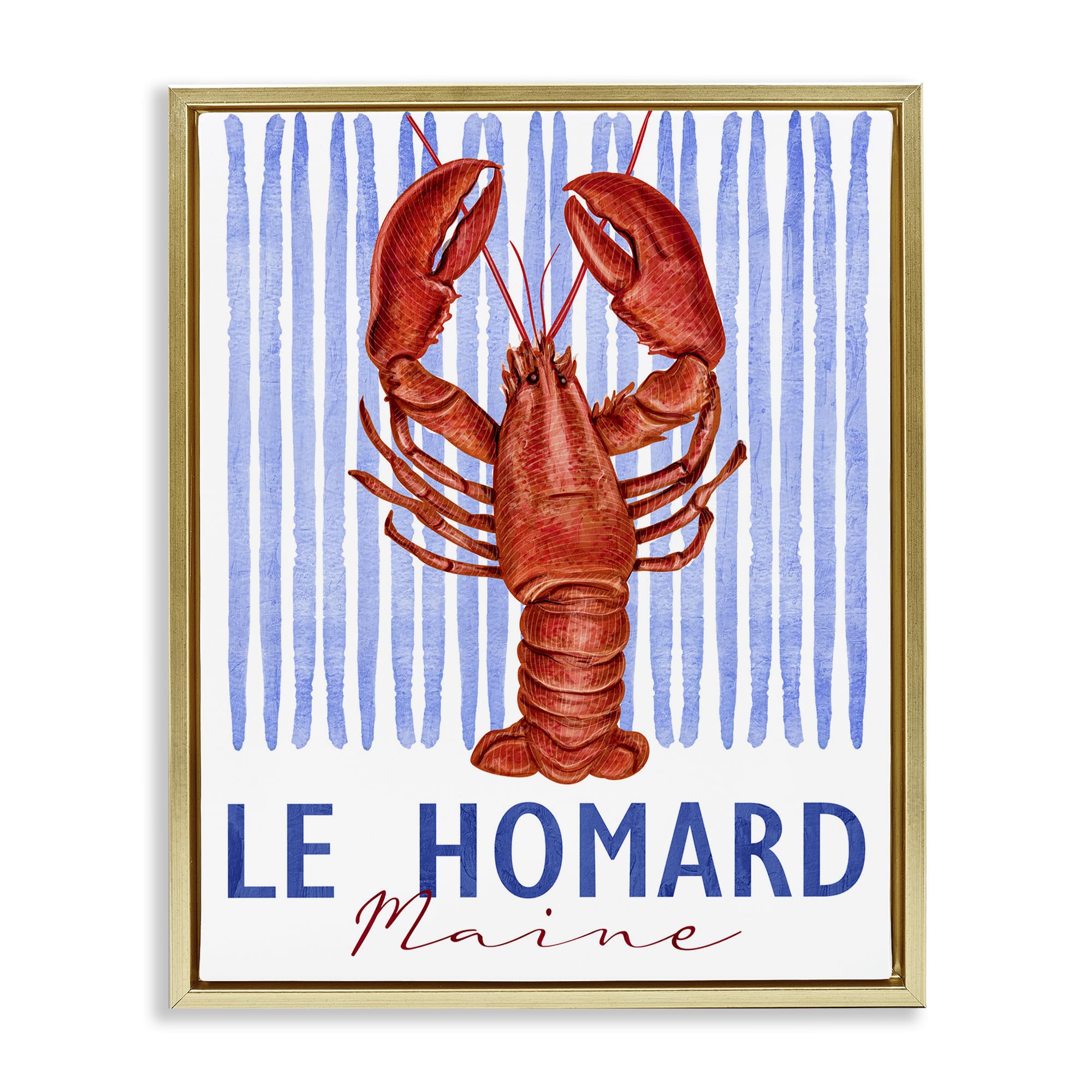 Stupell Industries Le Homard Maritime Lobster 'Le Homard Nautical Stripes', Floating Frame Canvas Art, Gold, 25 X 31 Inches, Easy To Hang And Sturdy, Made In Usa, By Kim Allen