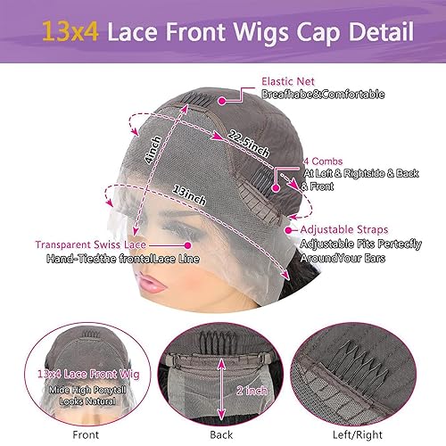 Miniatura 4 de Peluca de cabello humano ondulado profundo con encaje frontal transparente de 13 x 4 pulgadas, sin pegamento, predepilada con abuelitos, cabello