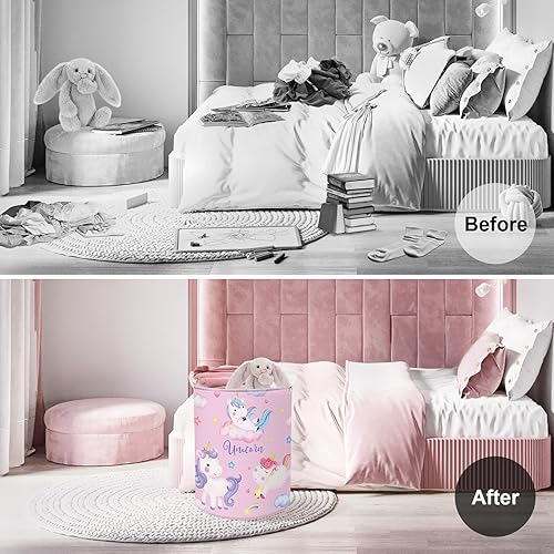 Miniatura 2 de Clastyle Cesta de lavandería de unicornio rosa de dibujos animados de 45 litros, cesta de lavandería de arcoíris de ensueño para habitación de