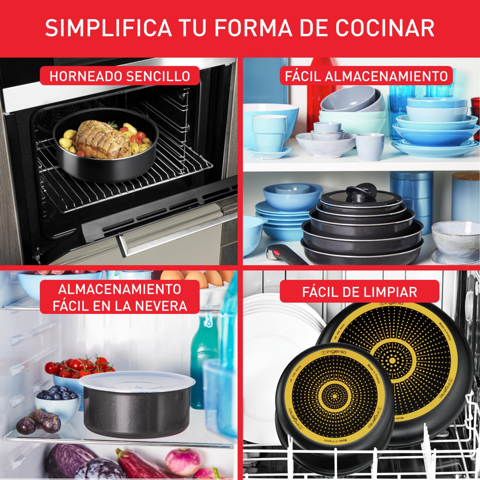 Tefal Ingenio Easy On Juego de 3 Sartenes 22/24/26 cm con mango extraíble, diseño apilable, cocción uniforme, fácil limpieza, sistema de fijación seguro, color negro, sin compatibilidad con inducción