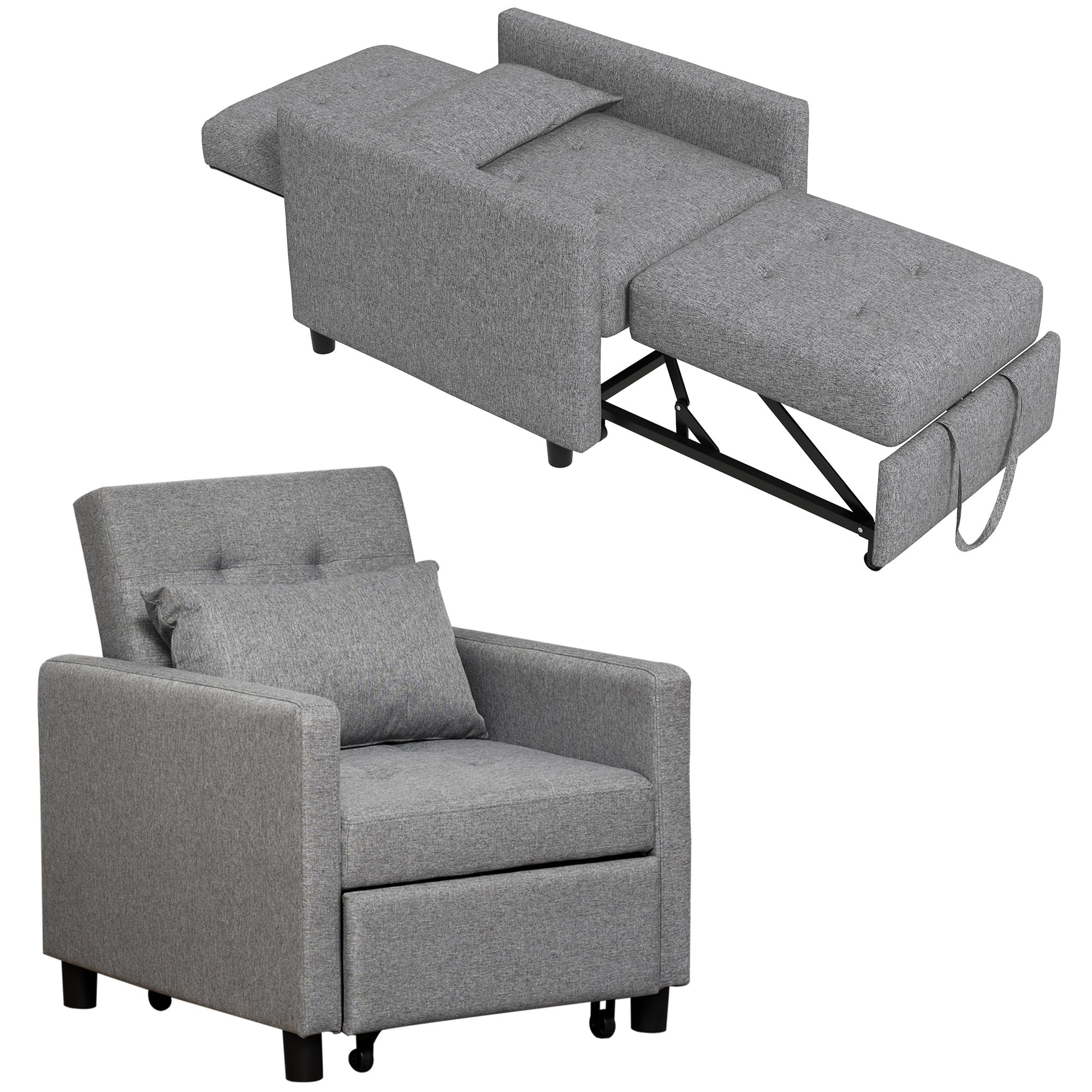 HOMCOM Sofá Cama de 1 Plaza 3 en 1, Sillón Cama Tapizado en Lino, con Respaldo Ajustable de 3 Niveles, Almohada Acolchada, para Oficina, Dormitorio, Salón, 69x82,5x84 cm, Gris