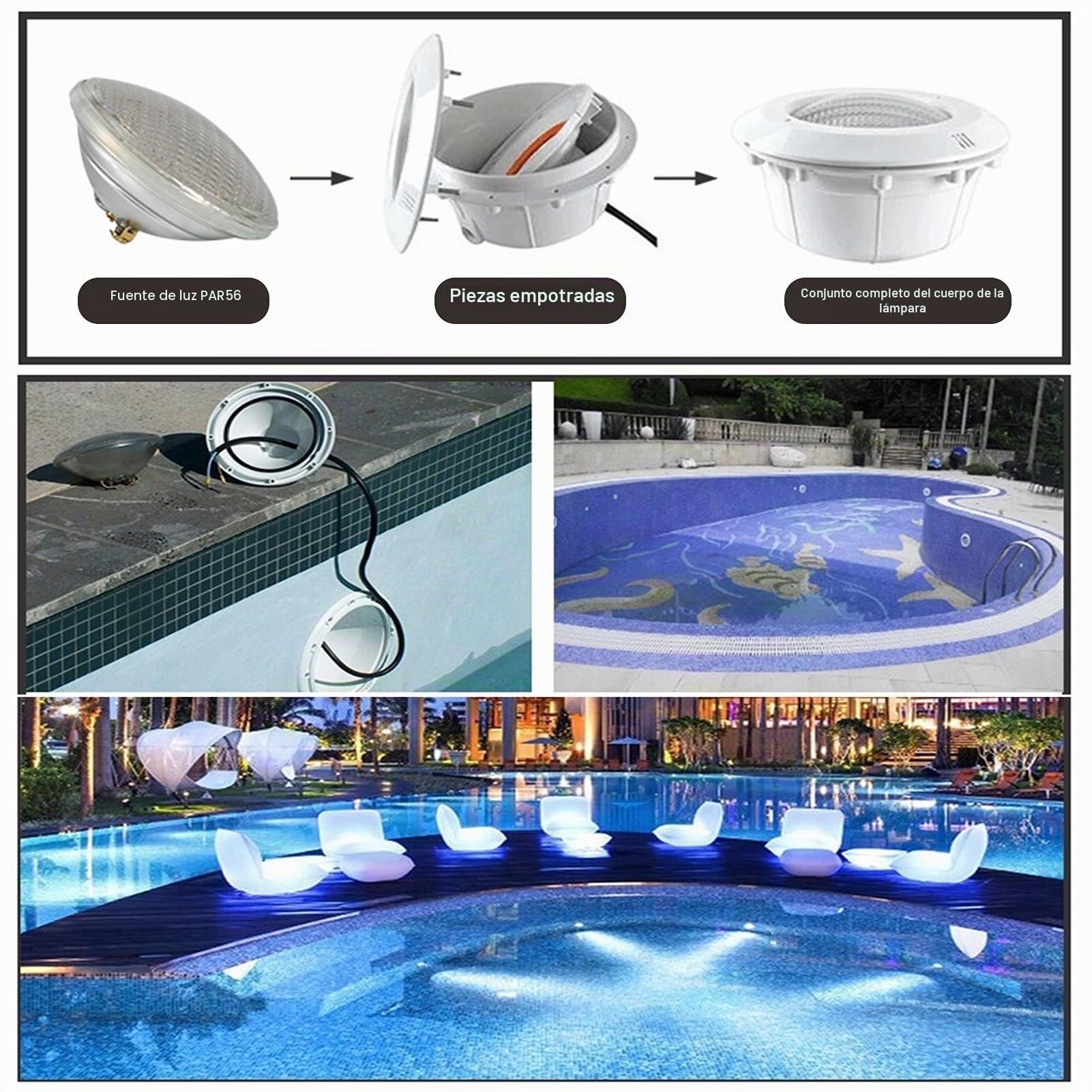 IluminacióN de Piscinas con ABS Nicho, PAR56 12V CA Bombillas LED para Focos IP68 a Prueba de Agua Empotrado Lámpara Subacuática para Piscina (Color : RGB, Size : 15W)