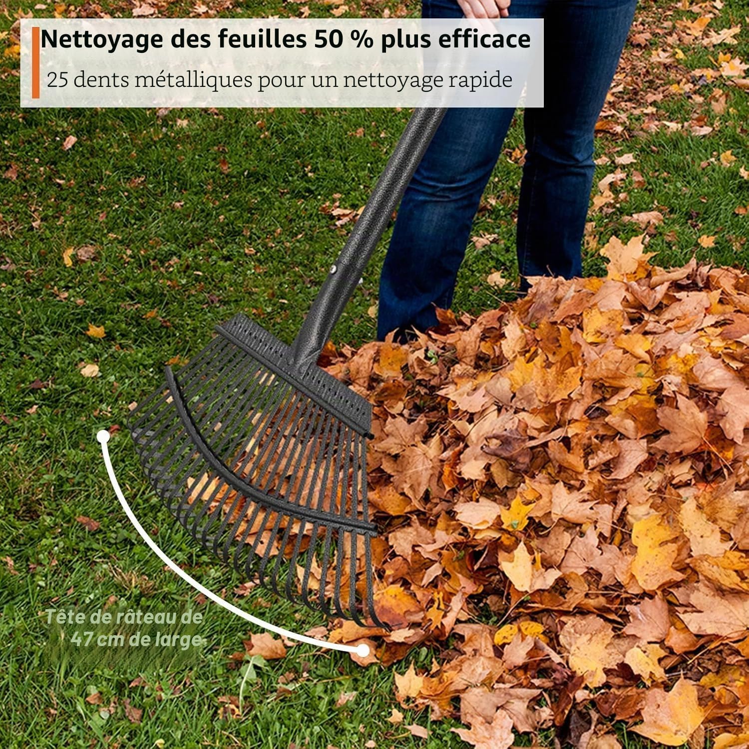 FLY HAWK Râteau à Feuilles, 165cm Râteau de Jardin avec Manche Réglable et 25 Dents Renforcées, 45cm Grande Surface Râteau de Jardin pour Nettoyer Plantes, Pelouse et Cour