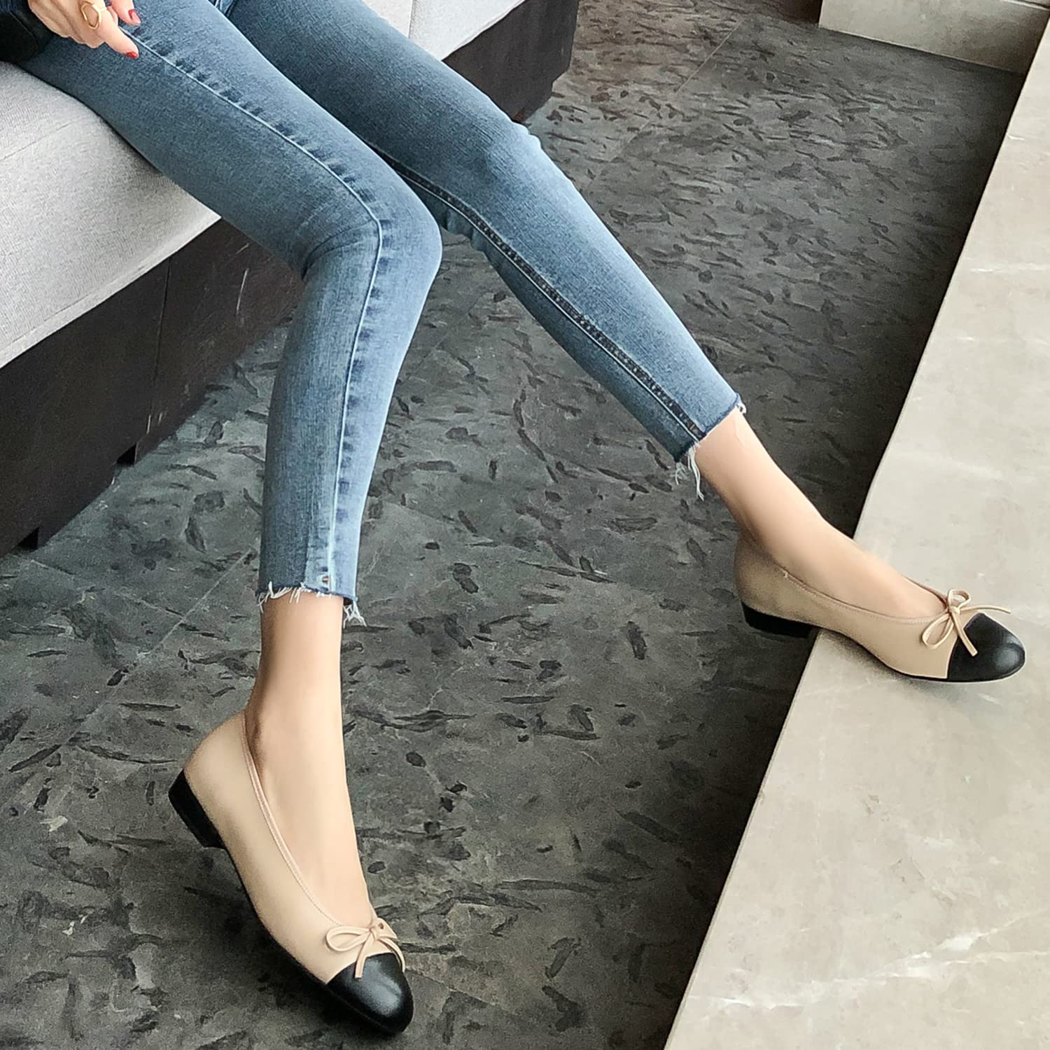 SHODENSE Women Cap Toe Bow Flats Two Tone Slip On Ballet Flats Comfort Closed Round Toe Flats Colorblock 1 Inch Low Flat Heel Dress Shoes Plaid Cute Ladies Cute Casual Drive Flat Shoes 4-11 M US