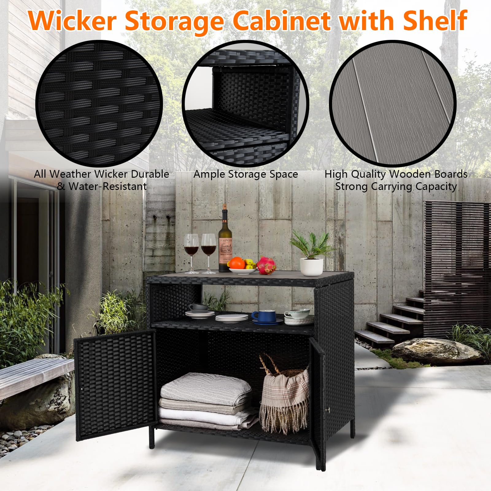 GarveeLife Outdoor Schrank aus PE Rattan mit Ablagefläche, wasserabweisender Aufbewahrungsschrank für Terrasse Balkon, Schwarz