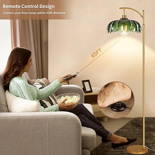 Miniatura 10 de Lámpara de pie dorada para sala de estar con 3 temperaturas de color, lámparas de pie bohemias de arco con control remoto, lámpara de pie de ratán