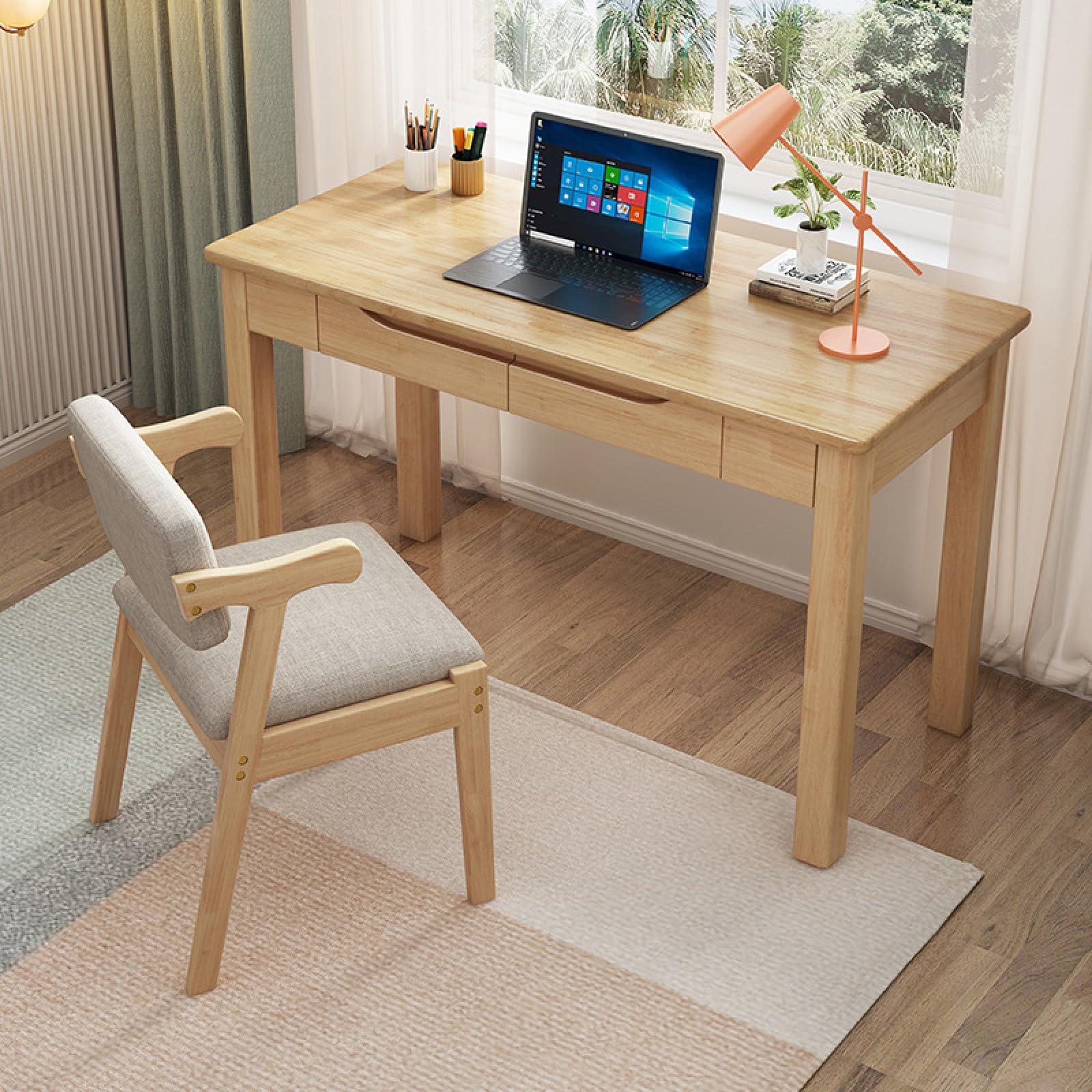 ASerZenith Solid Oak Wood Desk - Small Writing Study Table With 2 Drawers - Modern Home Office Computer Desk,Natural-47 Inch