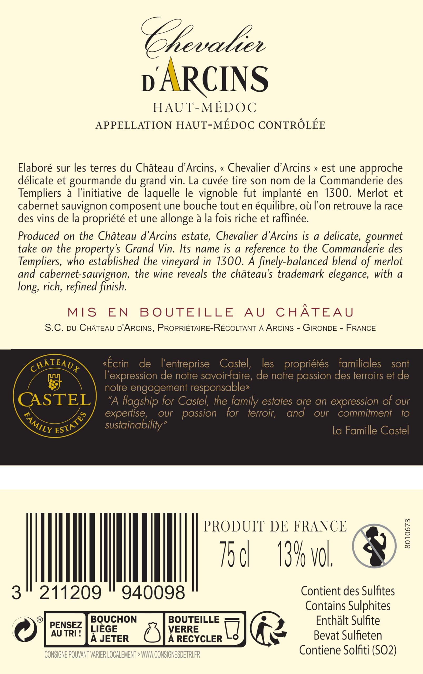 Chevalier d'Arcins - AOP Haut Médoc - Vin Rouge de Bordeaux - Lot de 6 bouteilles x 75 cl