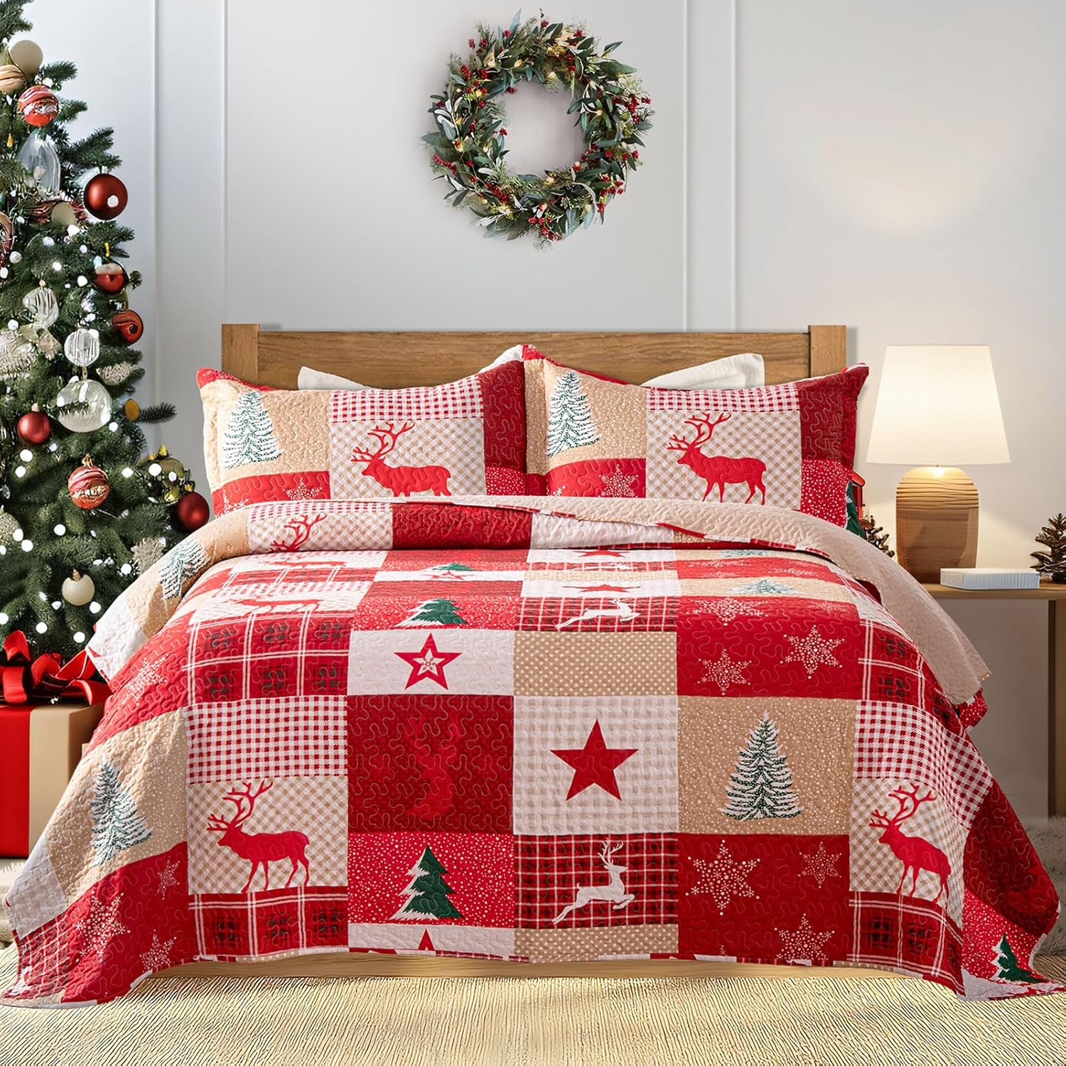 Enteenly 3 Piece Christmas Quilt Set, Red Patchwork with