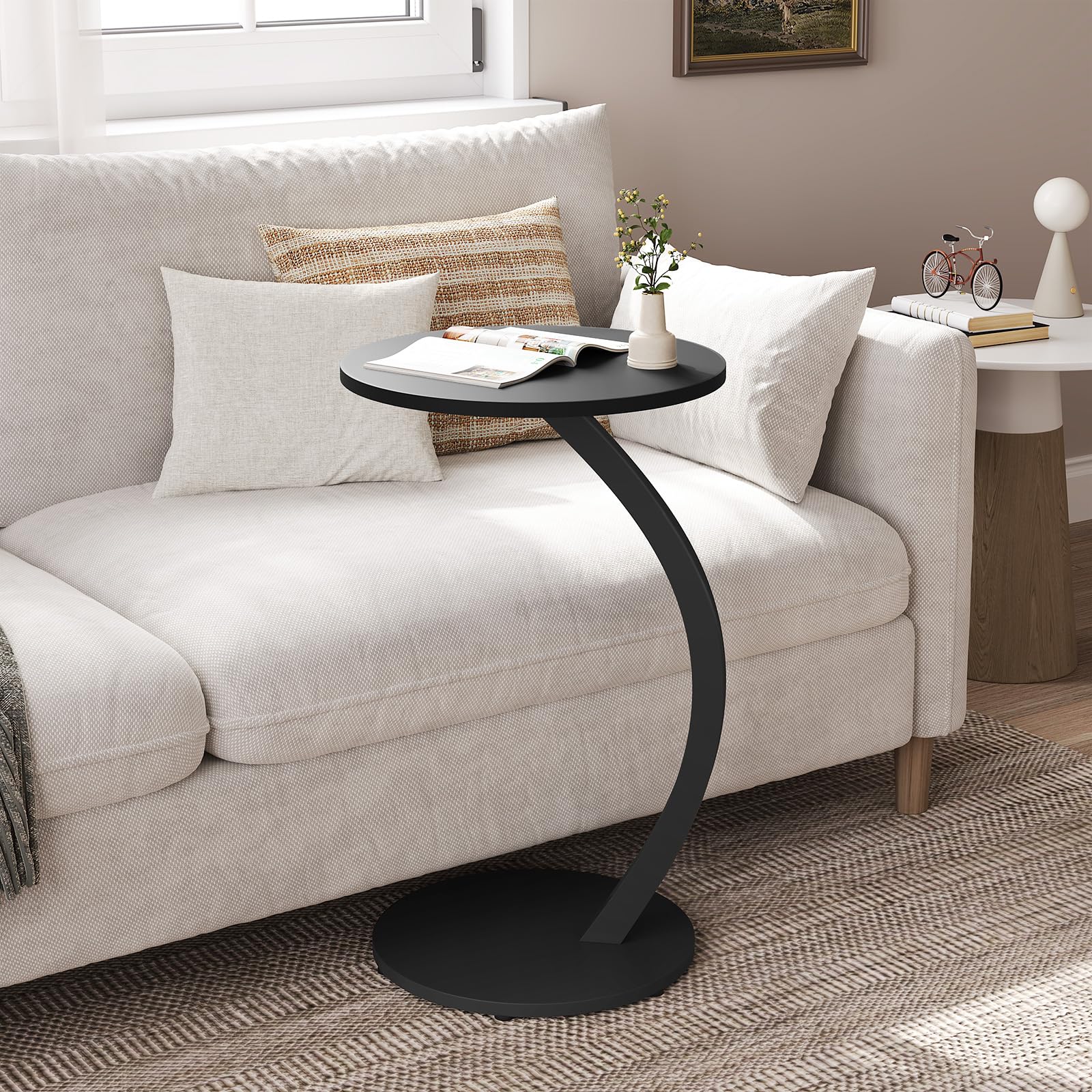WOLTU Tavolino Rotondo a Forma di C, Tavolino per Divano Letto, con Struttura in Metallo Piano in MDF, φ40xH65 cm, Nero, BTS21sz