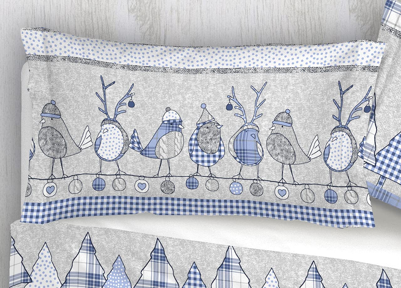 Set Completo Lenzuola in Morbida Flanella Varie Fantasie OB Inverno Natale Cuori Singolo Oliver Azzurro