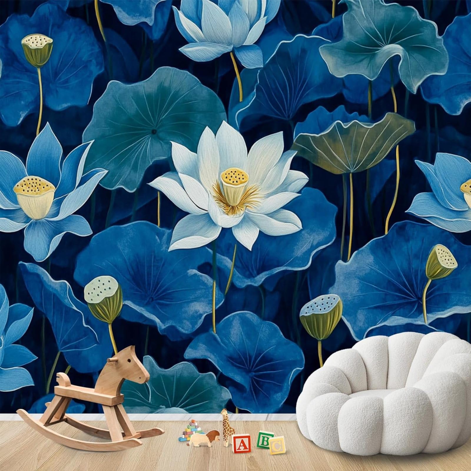kfjhgbdshhj Photo Wallpaper Blue Lotus Flower Chinese Style Lotus Non-Woven Modern Living Room Bedroom Zen Wall Decoration Motif Wallpaper,200cmx140cm Stickers - Frameless Painting - Poster