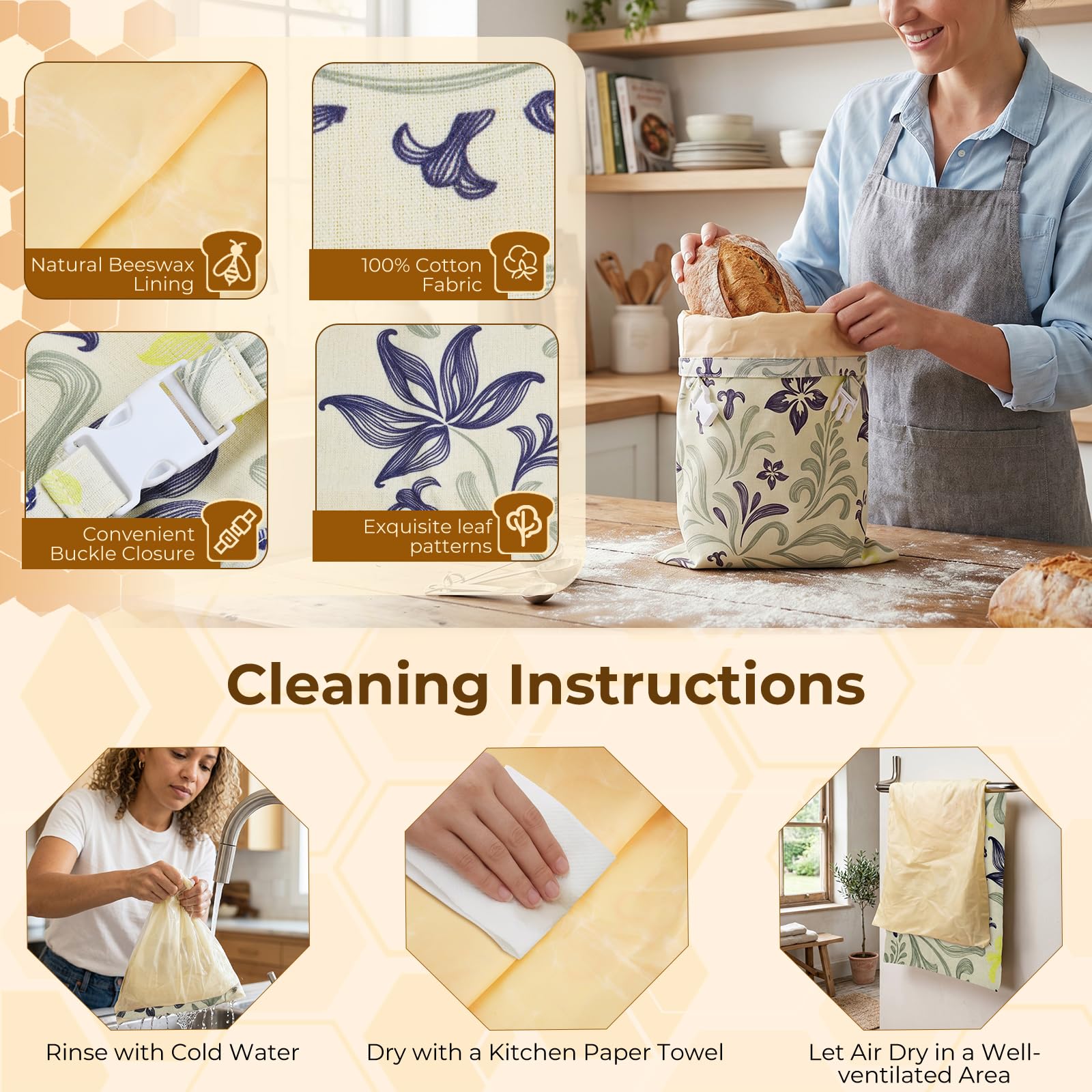 Sacchetti per il pane di cera d'api, 43×33 cm sacchetti di cotone rivestiti in cera d'api naturale, Borsa in cotone per conservare pane fatto in casa e prodotti da forno (confezione da 2) (Stile 4)